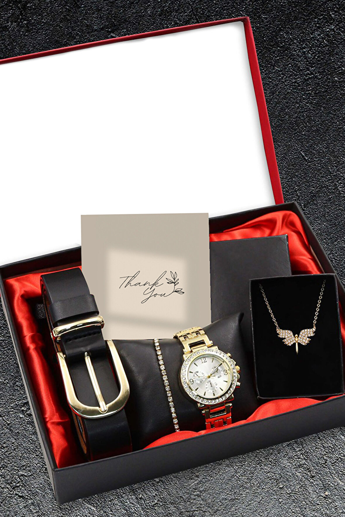 Su Yolu Bileklik & Kadın Kol Saati & Gold Renk Melek Kolye & Gold Detaylı Kadın Kemeri Hediye Seti