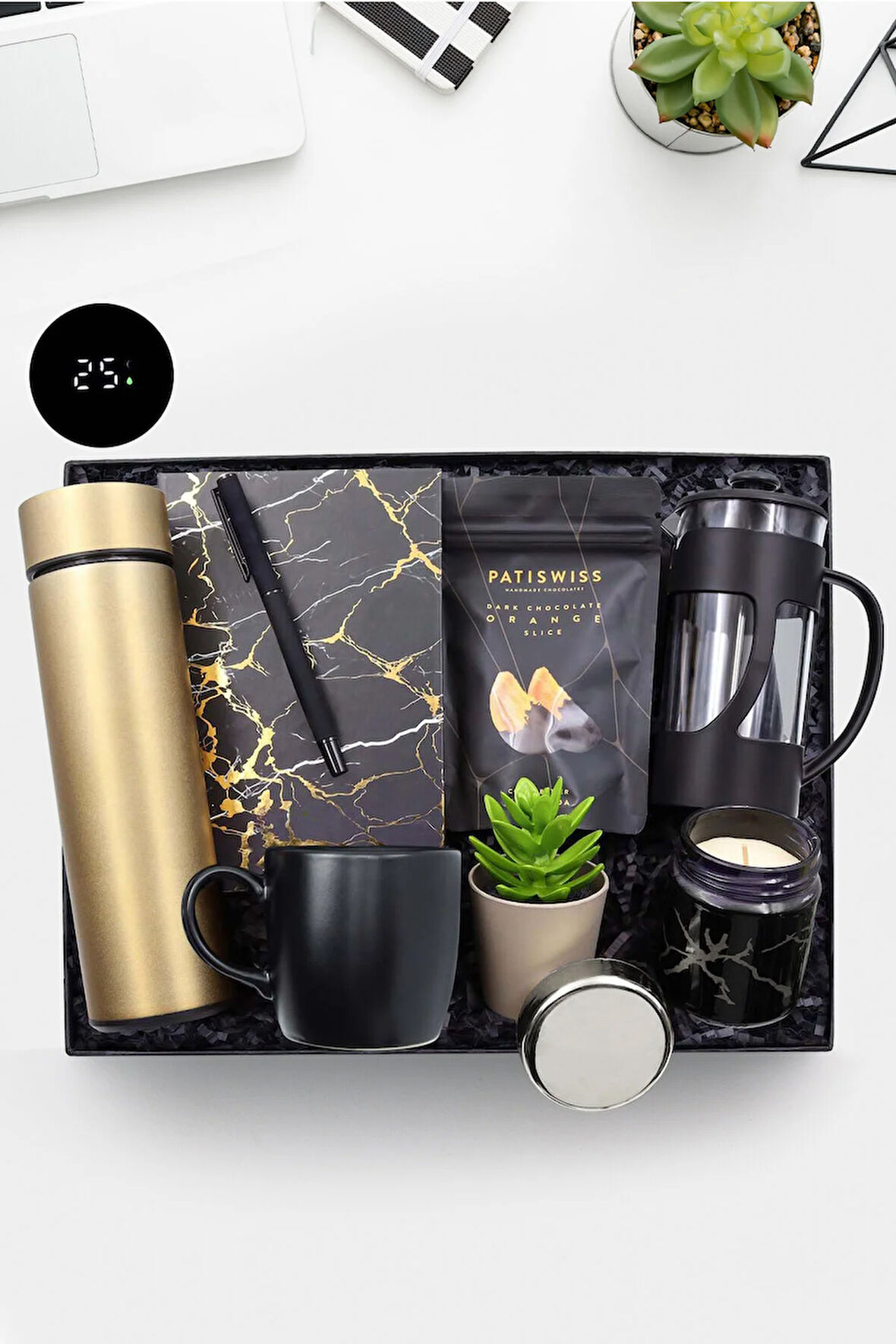 Gold Dereceli Termos-Defter-Roller Kalem-Patiswiss-Siyah Kupa-French Press-Yapay Çiçek-Mum Seti