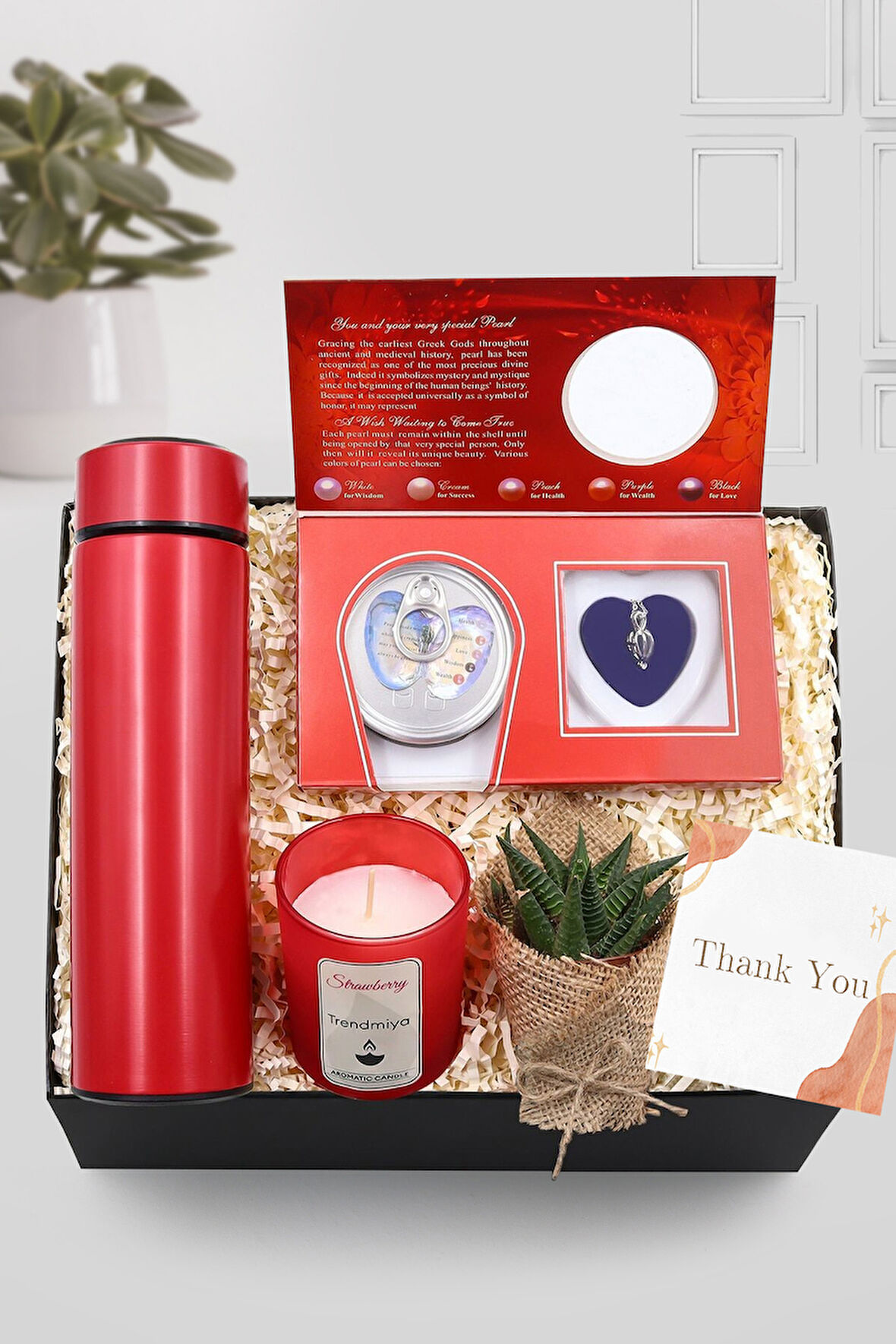Dereceli Termos & İstiridye Gerçek İnci Kolye & Çilek Kokulu Bardak Mum & Sukulent Çiçek Hediye Seti