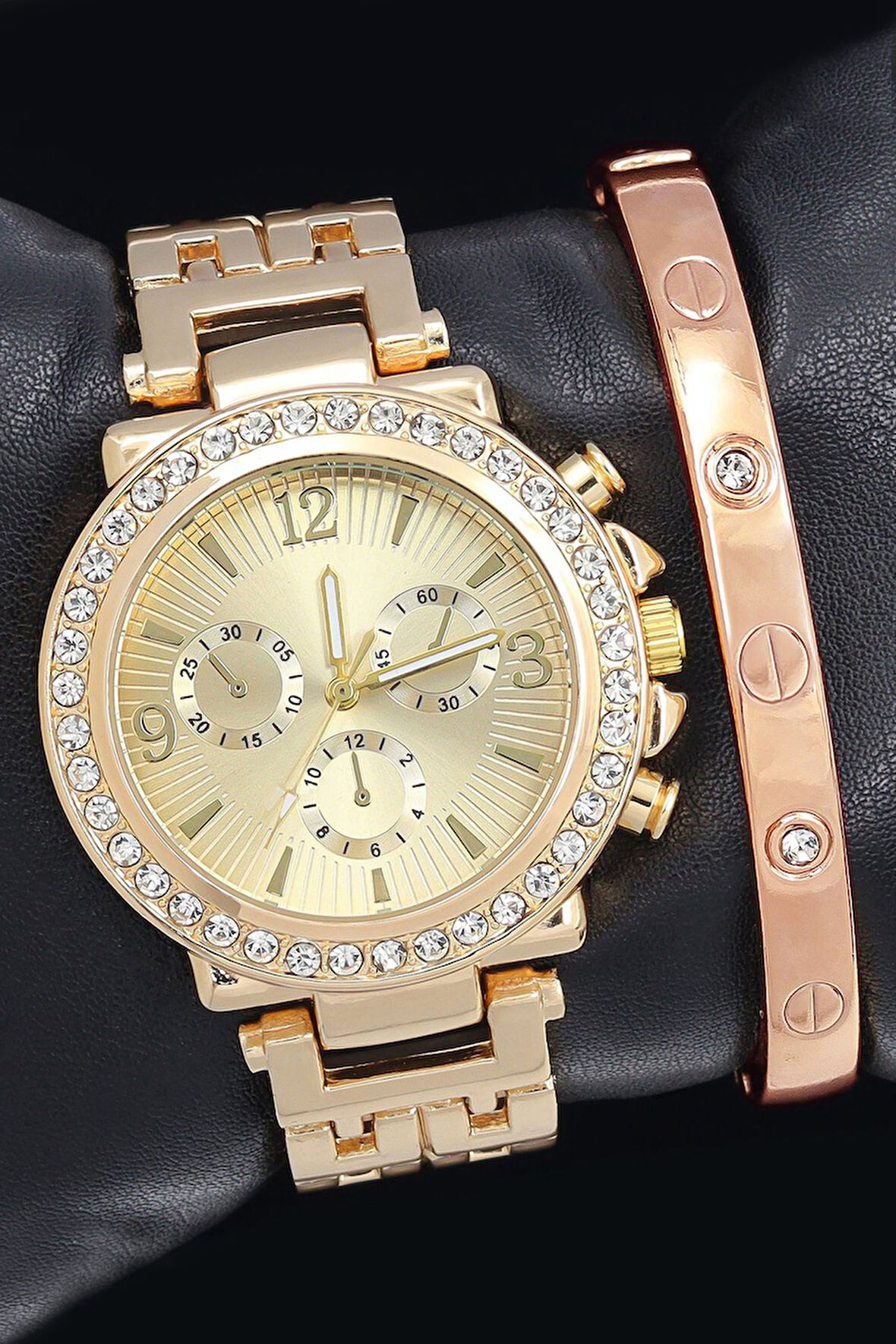 Spectrum Taş Detaylı Kadın Kol Saati & Çelik Kelepçe Bileklik Hediye Seti