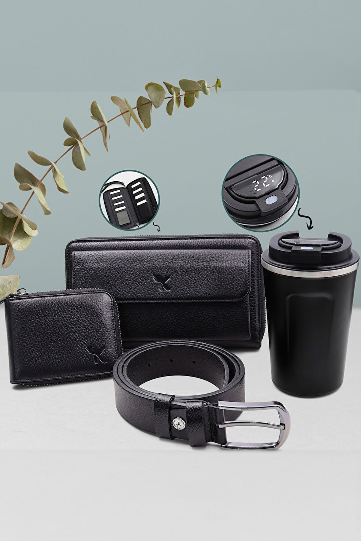 350 ML Dereceli Termos & Hakiki Deri Cüzdan & Deri Siyah Kemer & Deri Kartlık Premium Hediye Seti