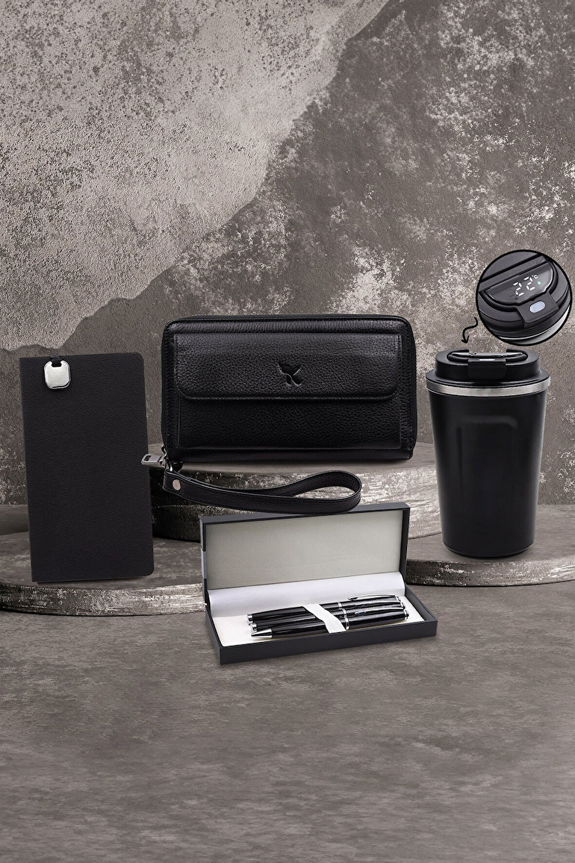 350 ML Dereceli Termos & Hakiki Deri Cüzdan & 3'lü Kalem & Yumuşak Kapaklı Not Defteri Hediye Seti