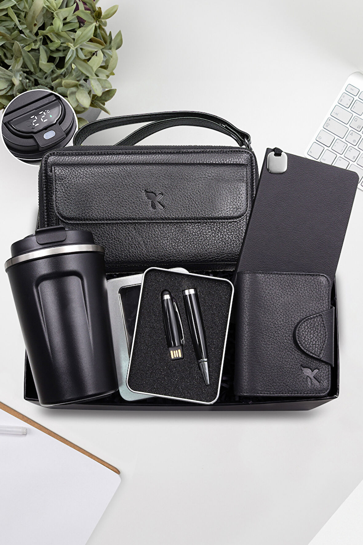 350 ML Çelik Termos & Hakiki Deri Cüzdan & USB Kalem & Not Defteri & Hakiki Deri Kartlık Hediye Seti