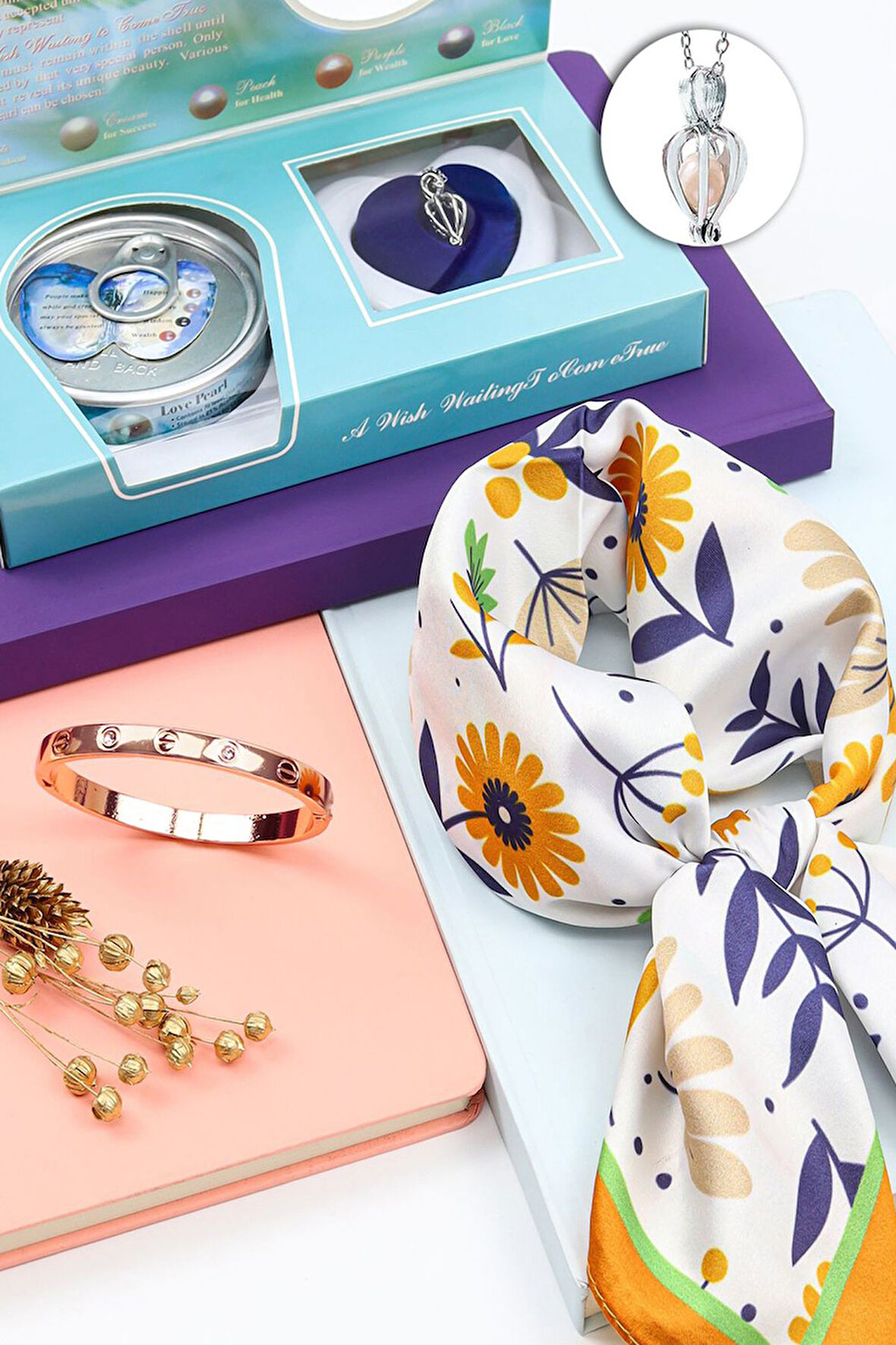 İstiridye İçinde Gerçek İnci Kolye & Çelik Kelepçe Bileklik & Turuncu Çiçek Fular Hediye Seti