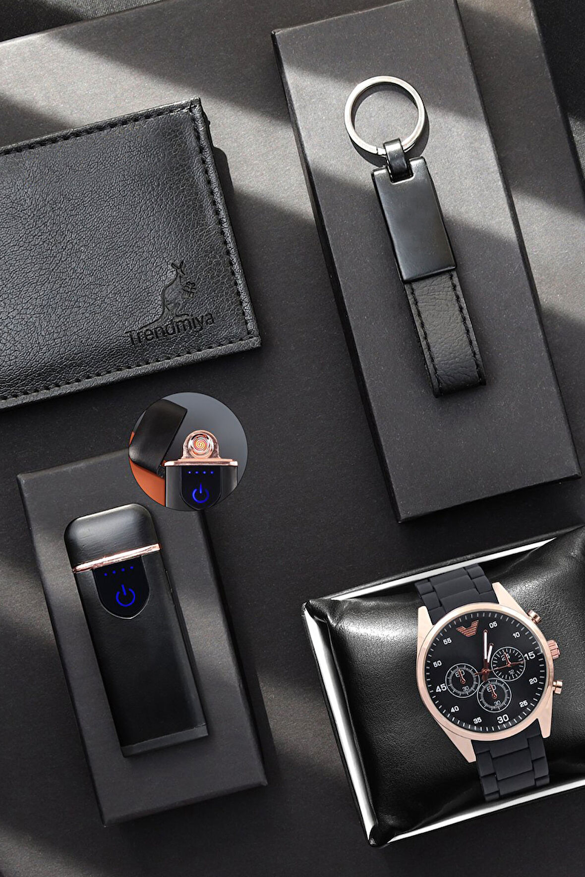 Erkek Cüzdan & Elektronik Çakmak & Silikon Kordon Erkek Kol Saati & Anahtarlık Hediye Seti