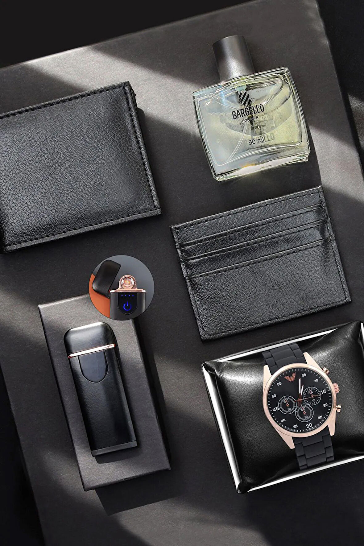 Suni Deri Cüzdan & Siyah Kartlık & Elektronik Çakmak & Kol Saati & Parfüm Hediye Seti