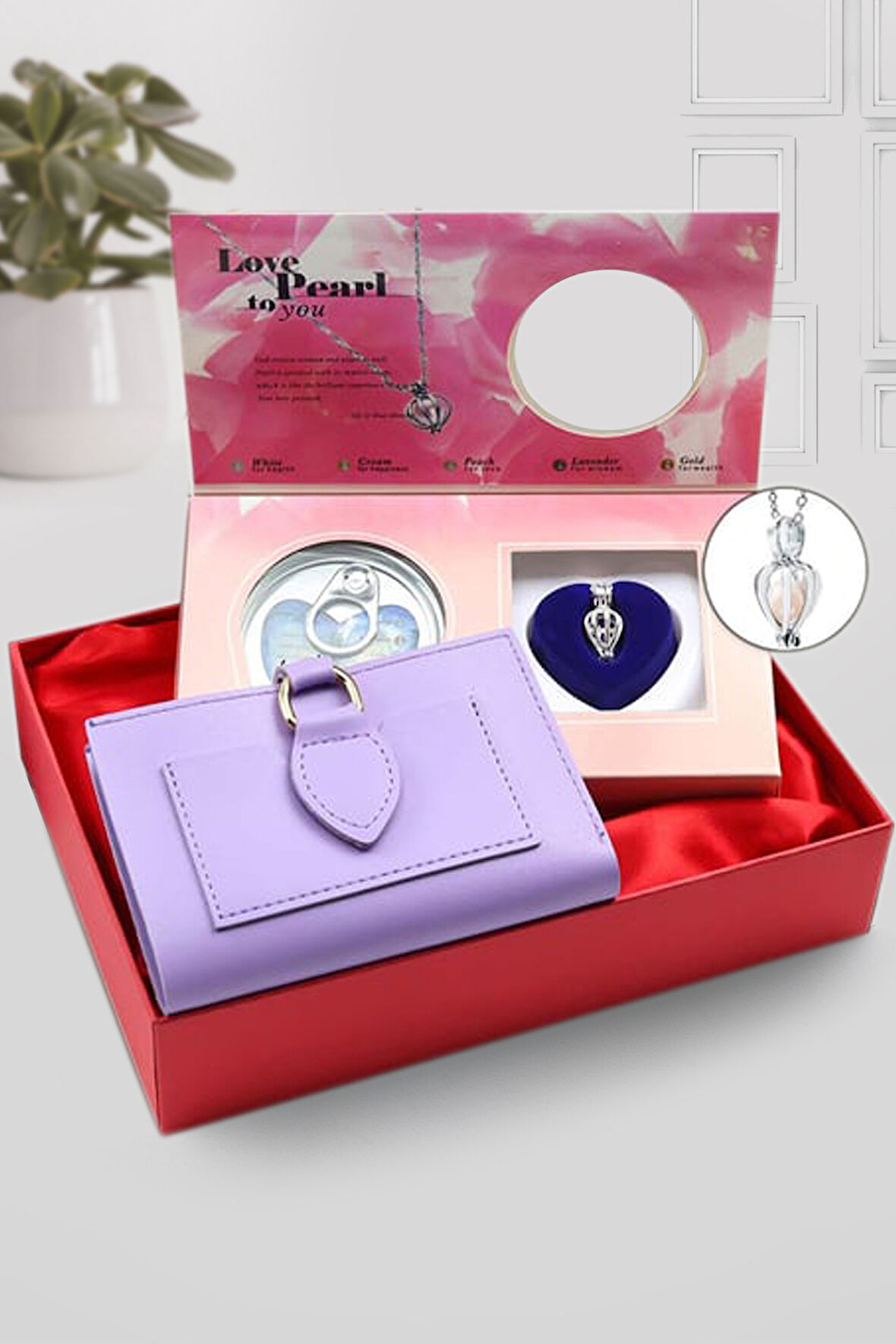 İstiridye İçinde Gerçek Kültür İnci Kolye & Mor Yumuşak Deri Kartlık Cüzdan Hediye Seti
