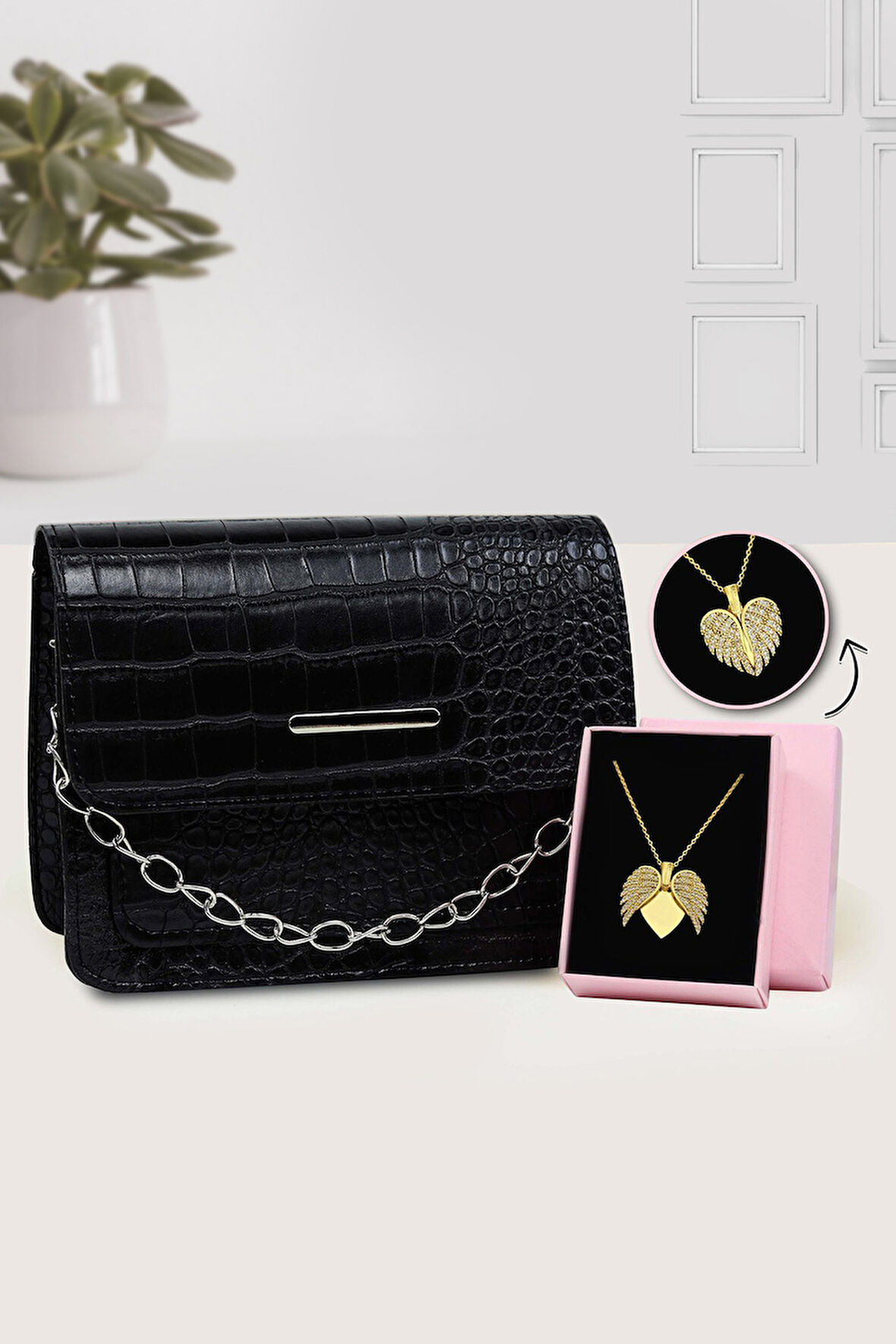 Melek Kanatlı Kolye & Siyah Renk Kadın Çanta Hediye Seti