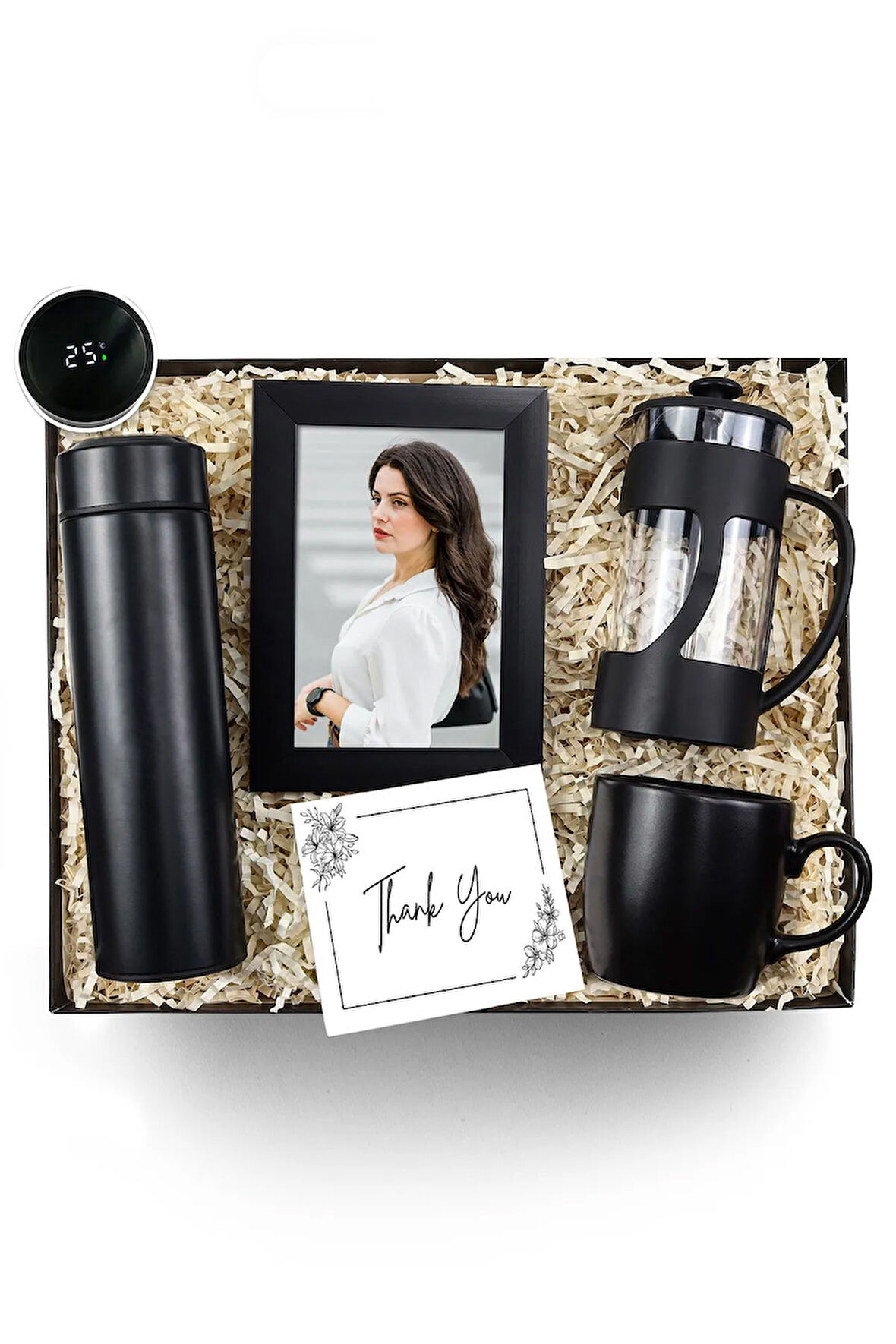 Dereceli Termos & Siyah Çerçeve & Siyah French Press & Siyah Mat Kupa Hediye Seti