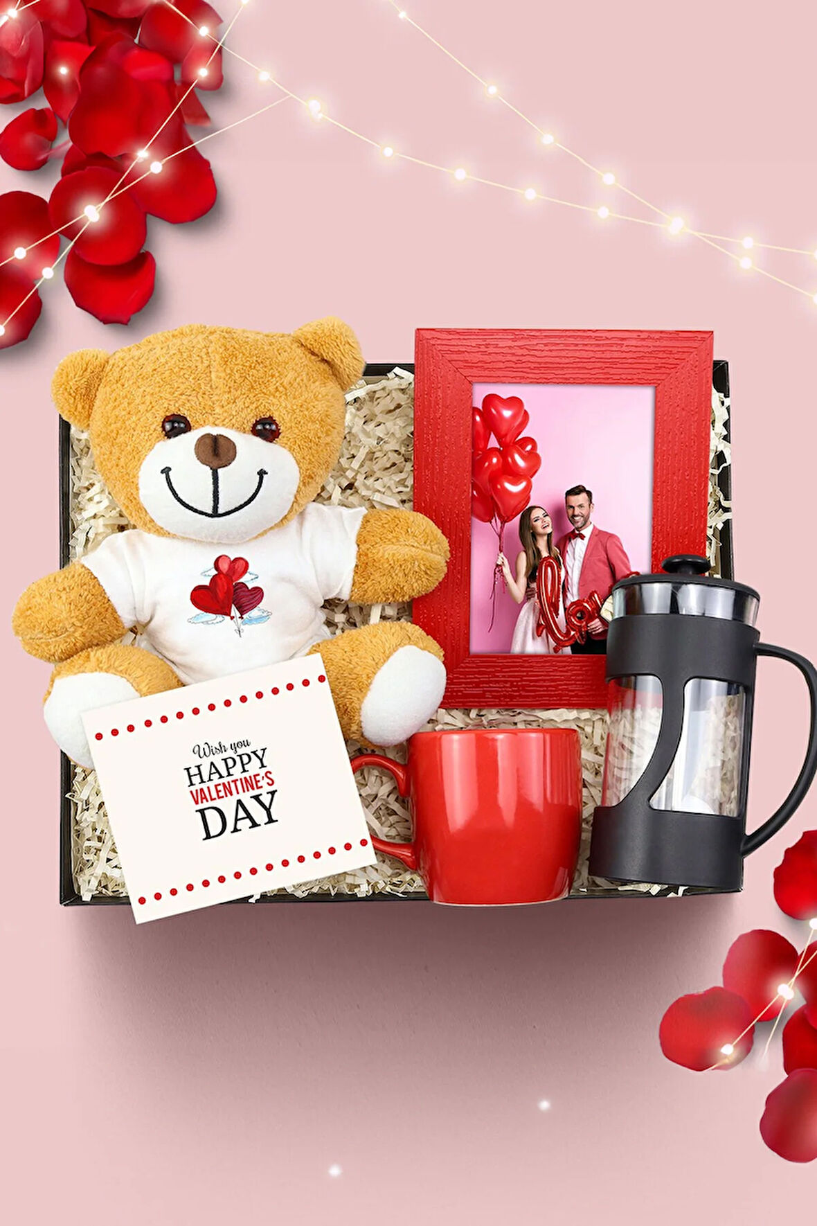 Sevgililer Günü Temalı Peluş Ayıcık & Kırmızı Kupa & Kırmızı Çerçeve & Siyah French Press Hediye Set