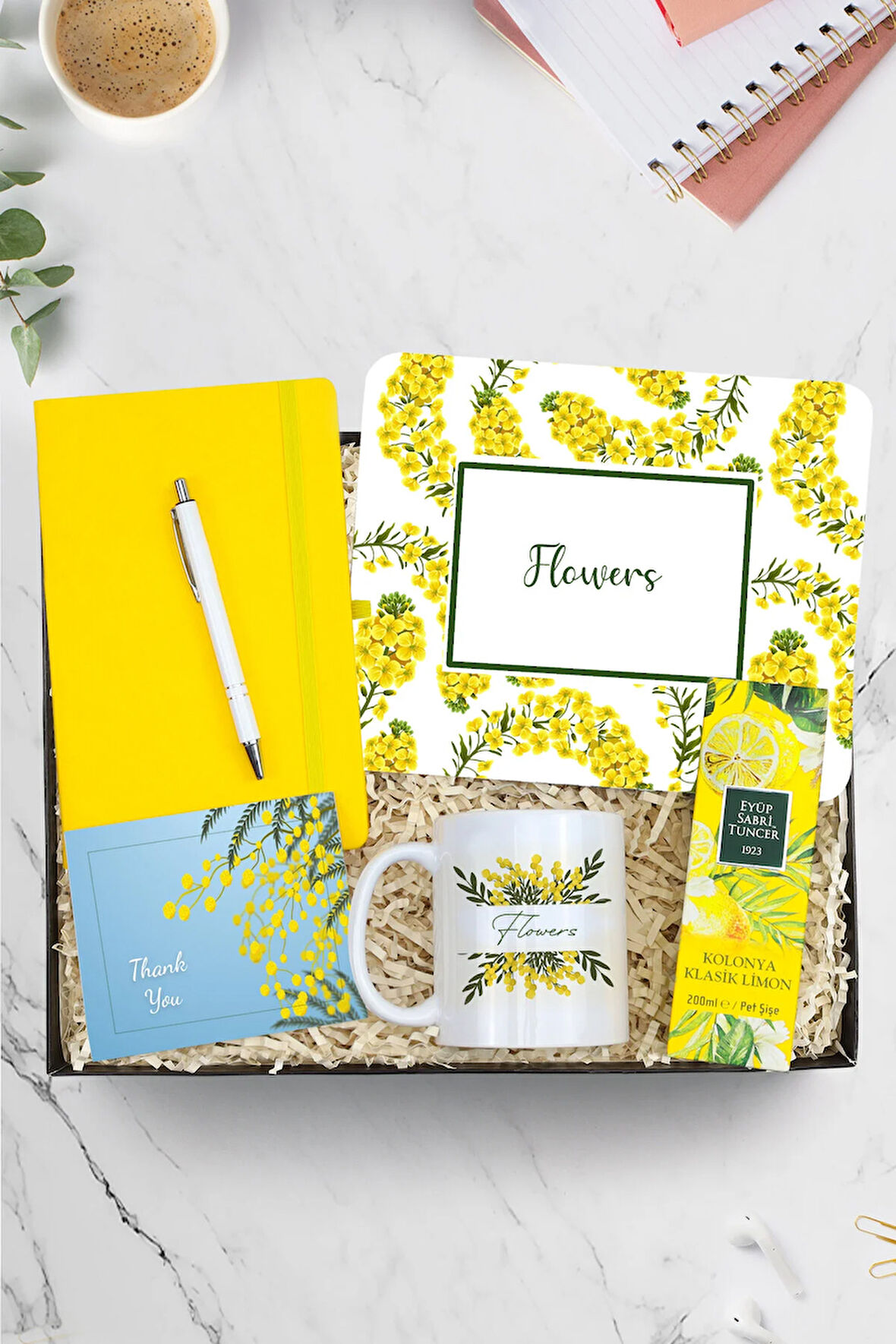 Mouse Pad & Sarı Defter & Beyaz Tükenmez Kalem & Tasarım Kupa & 200 ML Kolonya Hediye Seti