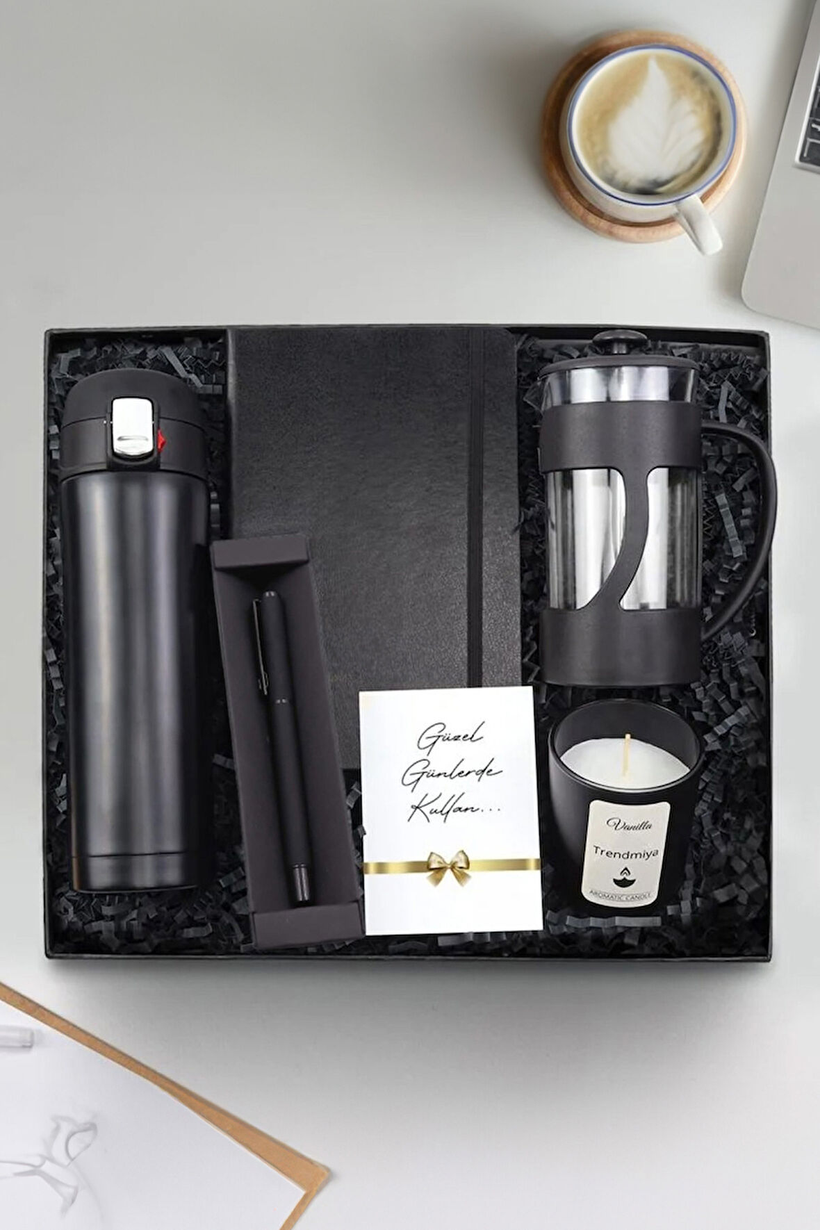 Kilitli Çelik Termos & French Press & Siyah Defter & Siyah Tükenmez Kalem & Bardak Mum Hediye Seti