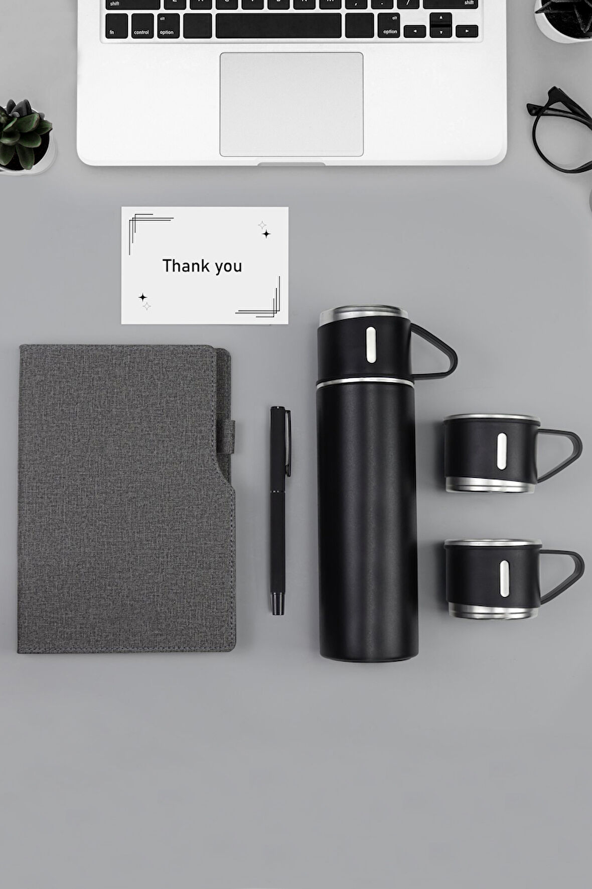 Termo Deri Gri Defter & Siyah Mat Roller Kalem & 3 Bardaklı 500 ML Çelik Termos Hediye Seti
