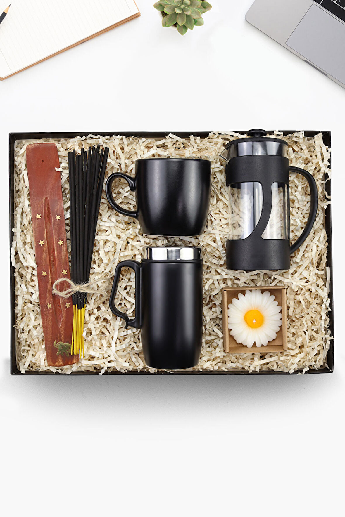 280 ML Kulplu Çelik Termos & Siyah Kupa & French Press & Kraft Kutulu Mum & Çubuk Tütsü Hediye Seti