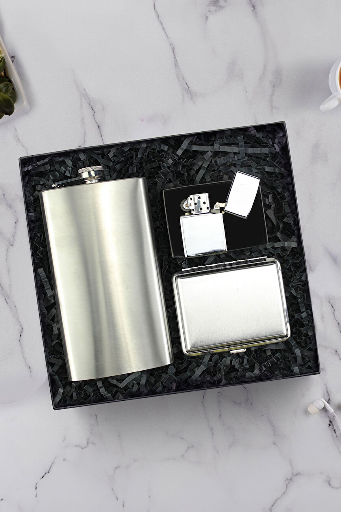Çelik Cep Matarası & Metal Gümüş Renk Tabaka & Zippo Tarzı Çakmak Hediye Seti