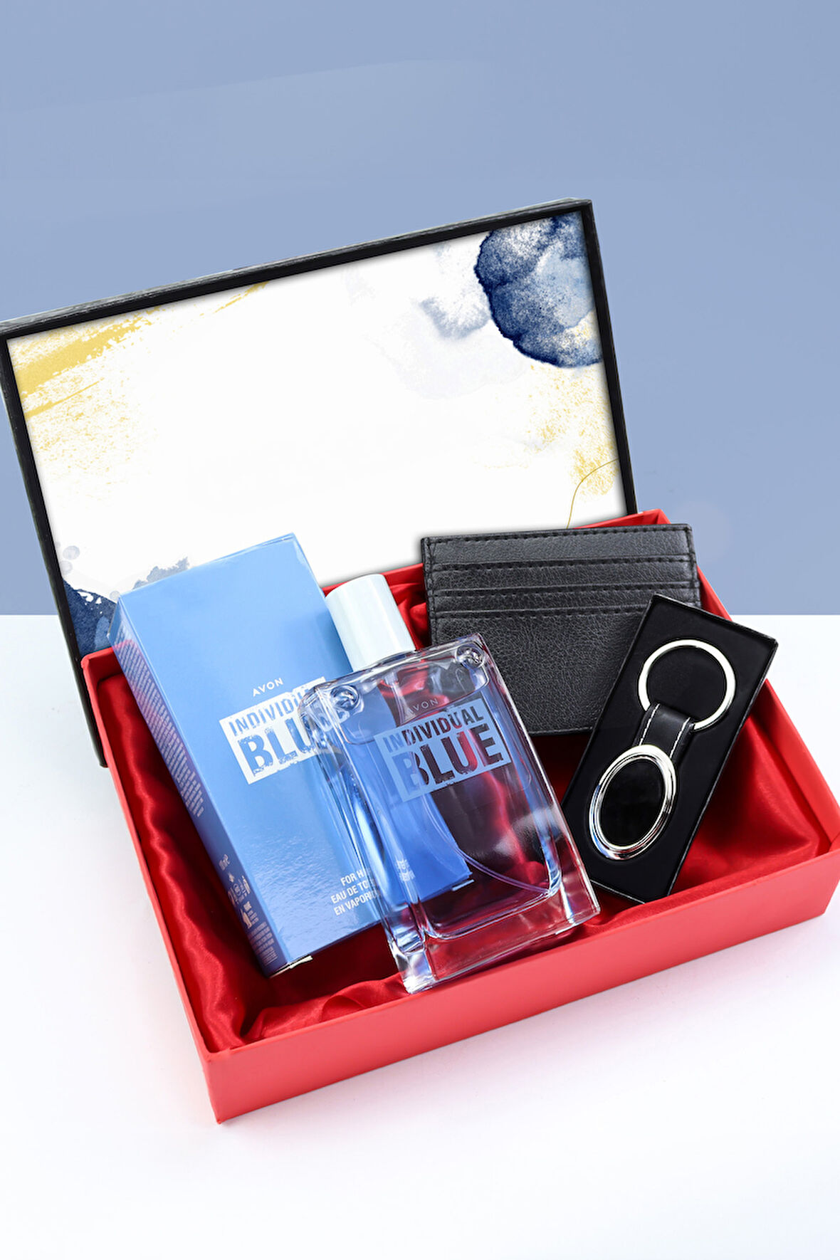 Gümüş Renk Anahtarlık & Siyah Kartlık & Individual Blue Erkek Parfüm Hediye Seti