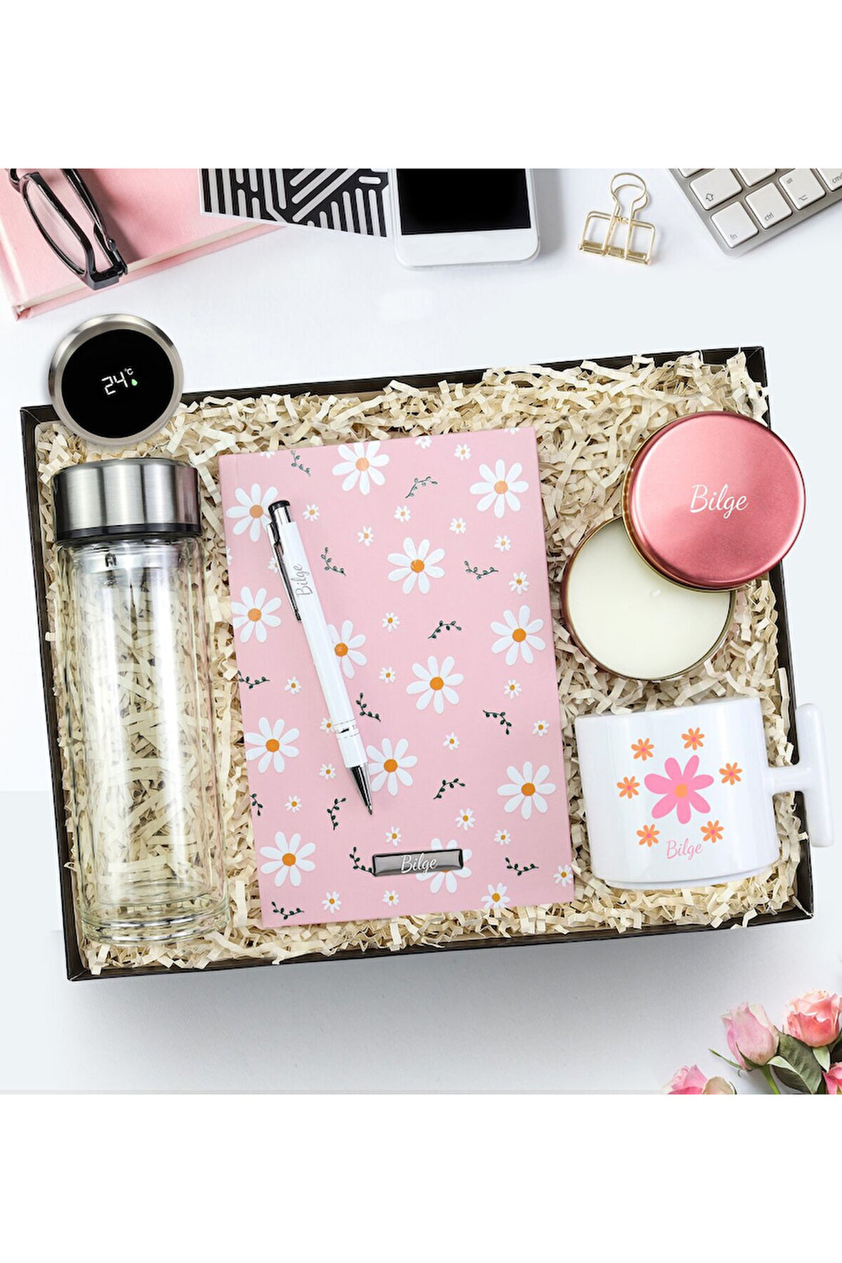 Papatya Tasarımlı Pembe Defter Hediye Seti