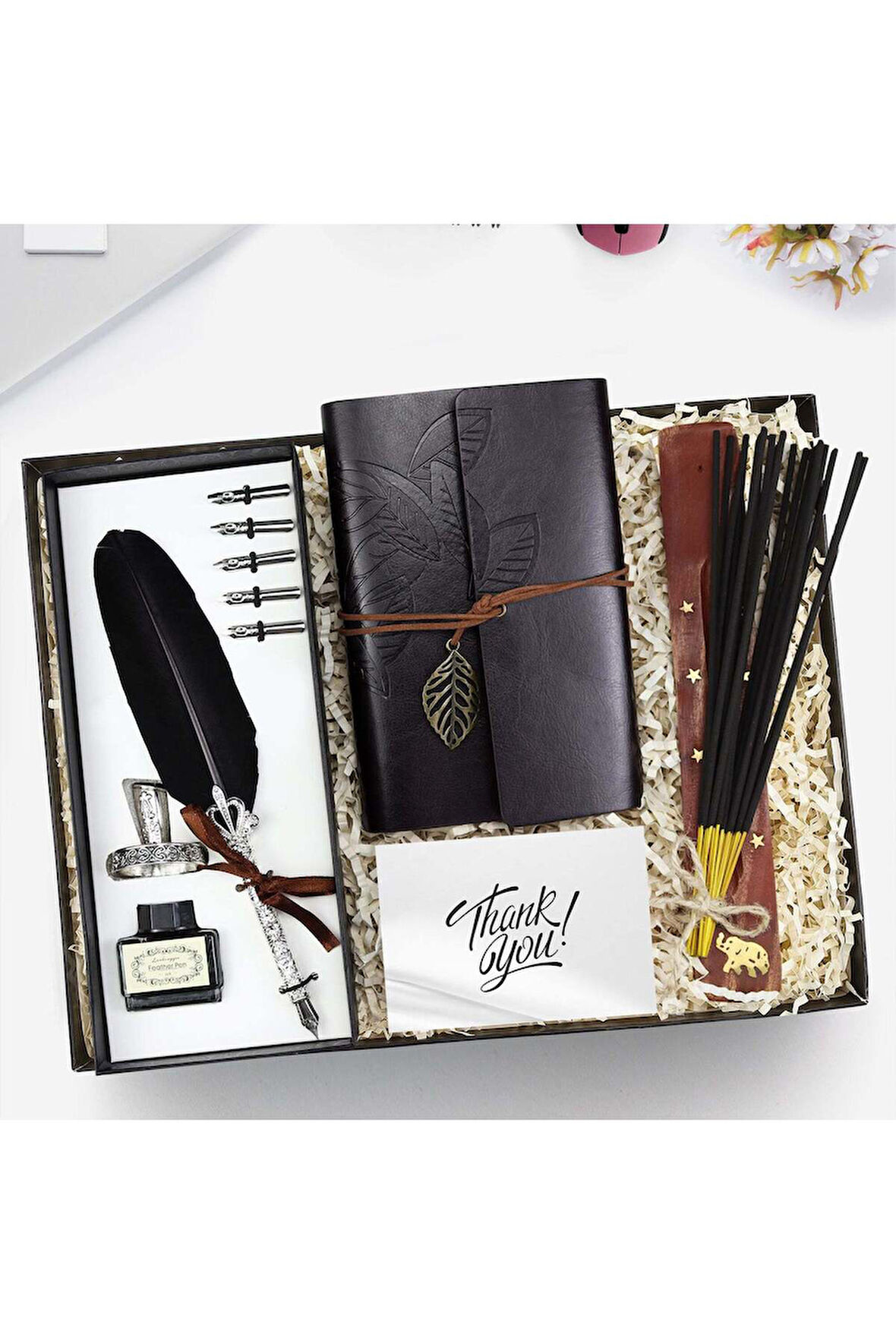 Divit Uçlu Tüylü Kalem & Deri Kapaklı Vintage Anı-Seyahat Defteri & Çubuk Tütsü Hediye Seti