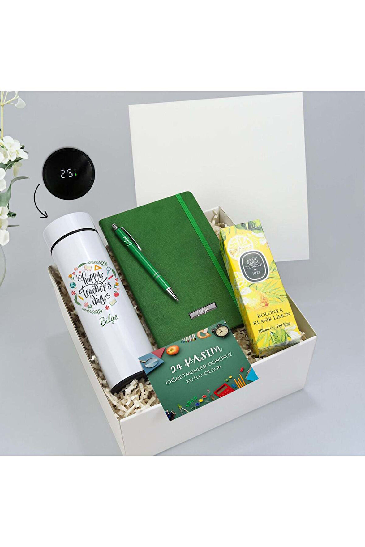 Kişiye Özel 500 ML Termos & Tükenmez Kalem & Defter & Limon Kolonyası Öğretmenler Günü Hediye Seti