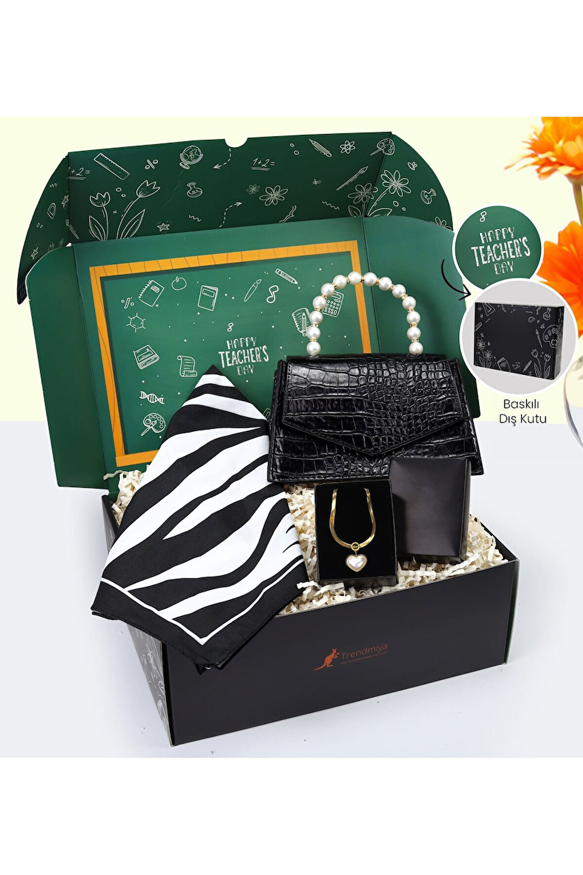 Öğretmenler Gününe Özel Zebra Desen Fular & Çanta & İtalyan Zincir Çelik İnci Kalp Kolye Hediye Seti