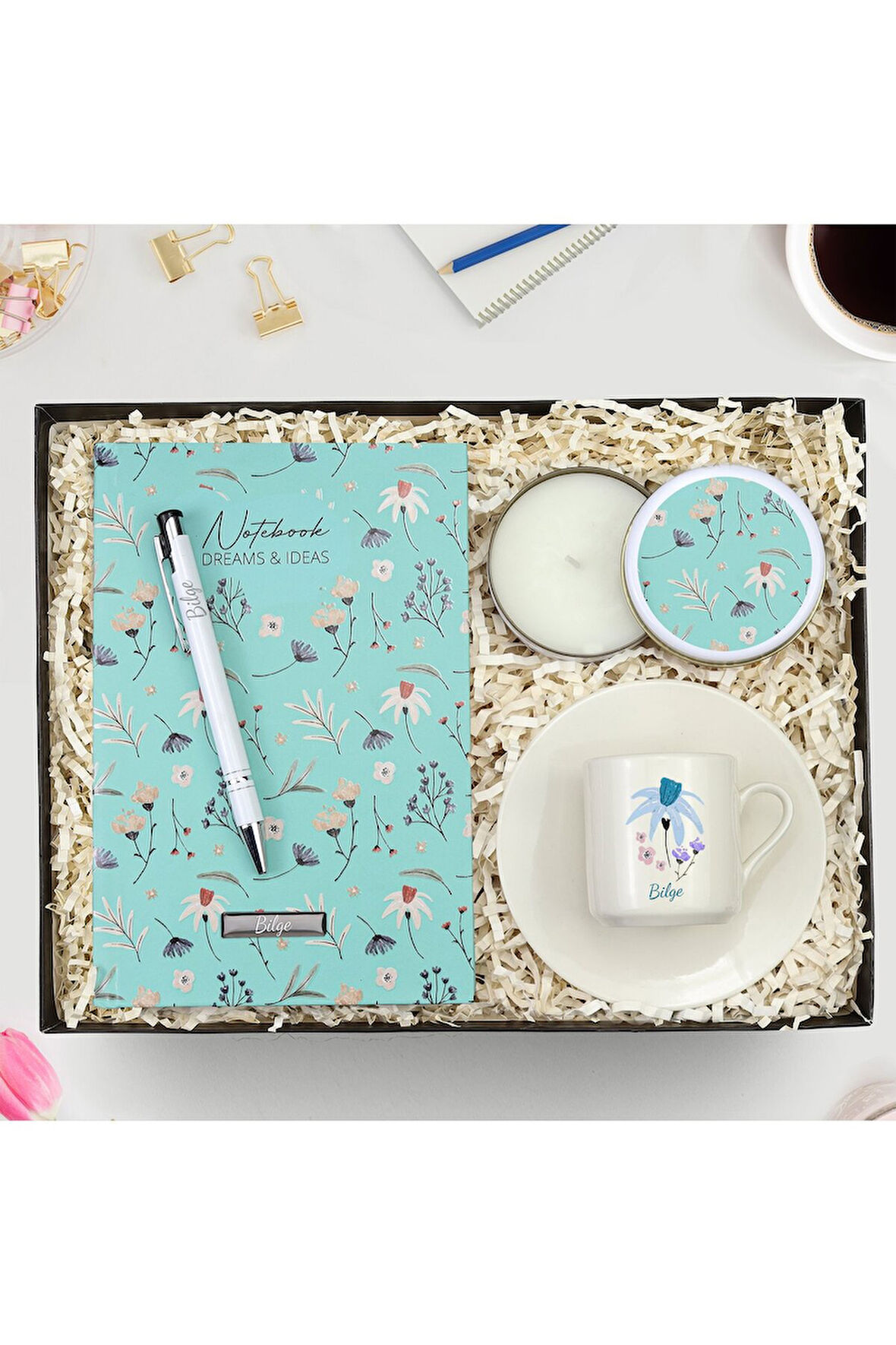 Kişiye Özel Tasarım Defter & Beyaz Metal Kutulu Mum & Fincan Hediye Seti