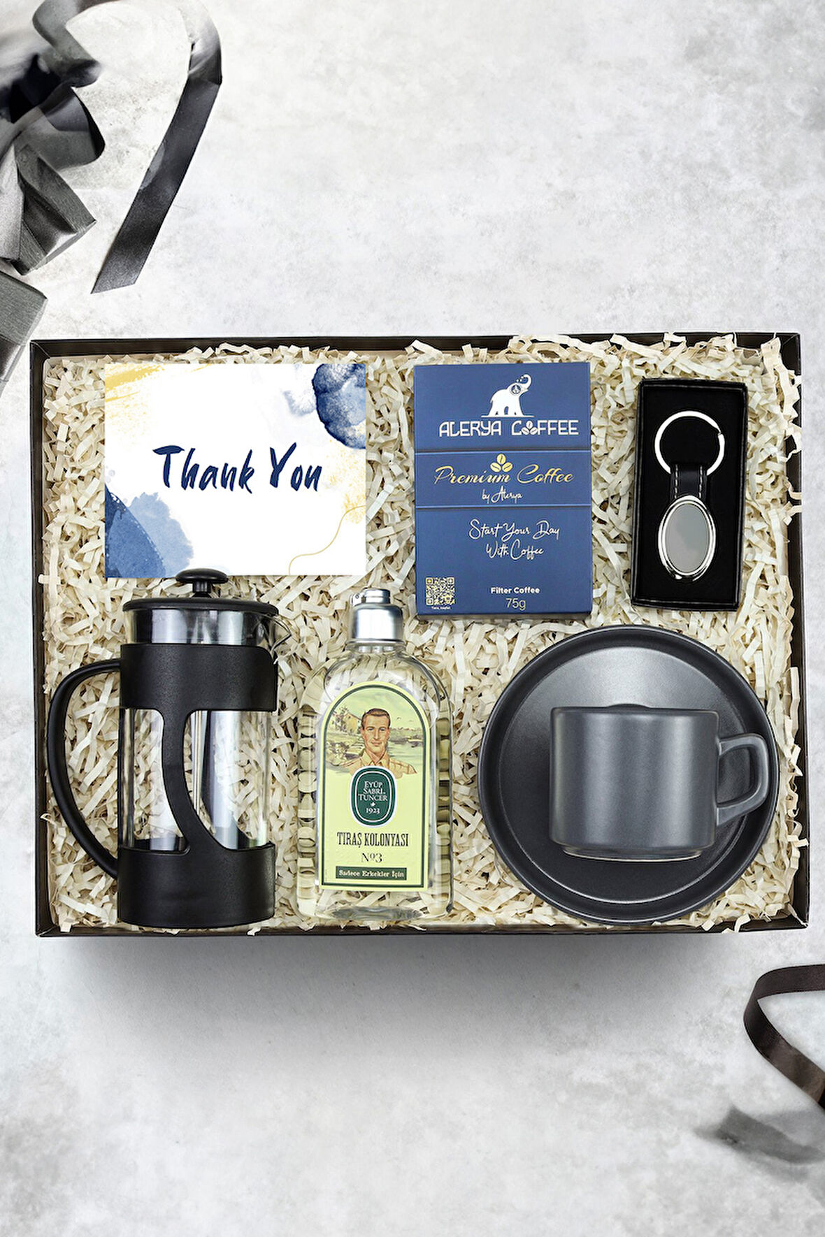 Gümüş Renk Anahtarlık & French Press & Tıraş Kolonyası & Filtre Kahve & Gri Fincan Hediye Seti