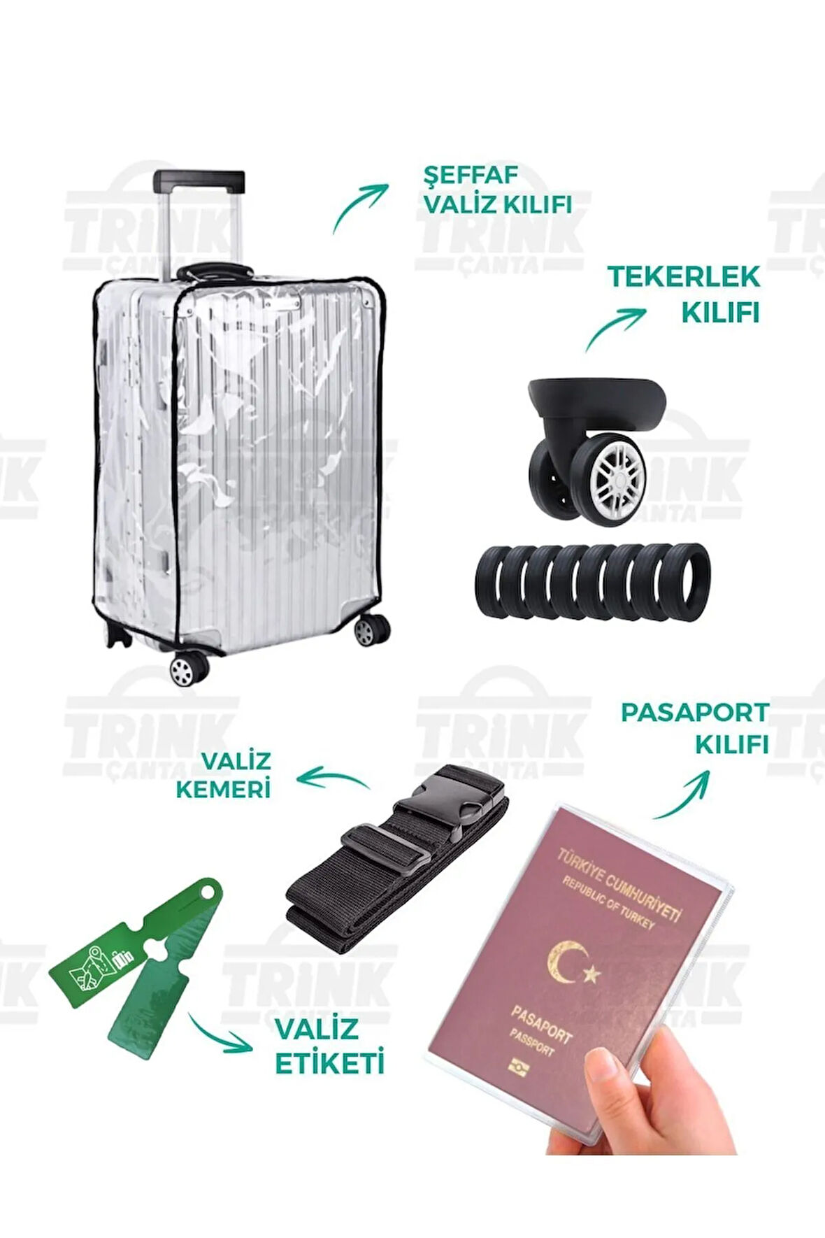 Şeffaf Valiz Kılıfı 5'li Set (Valiz Kılıfı-Tekerlek Kılıfı-Kemer-Etiket-Pasaportluk)