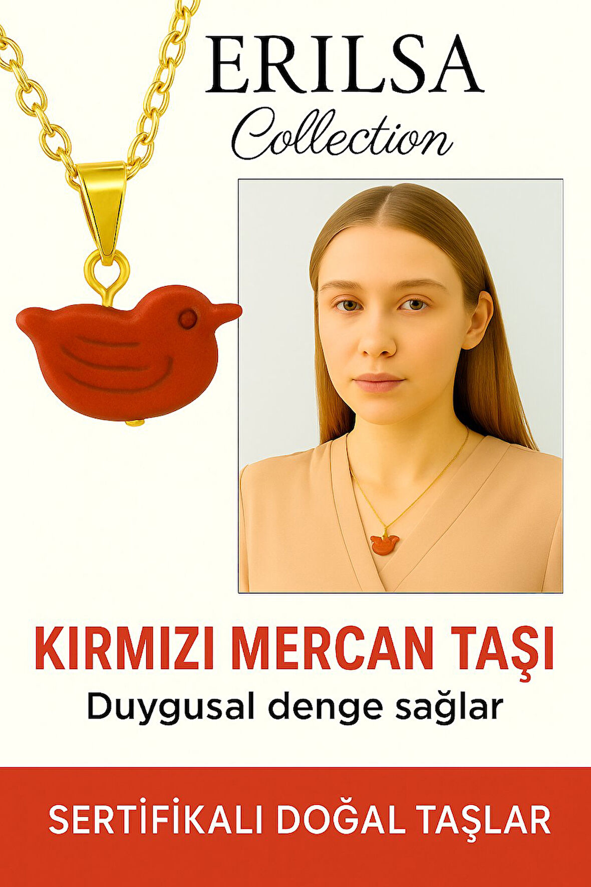 Sertifikalı Kuş Model Kırmızı Mercan Kolye – Özgürlük, Enerji ve Tutkunun Taşı
