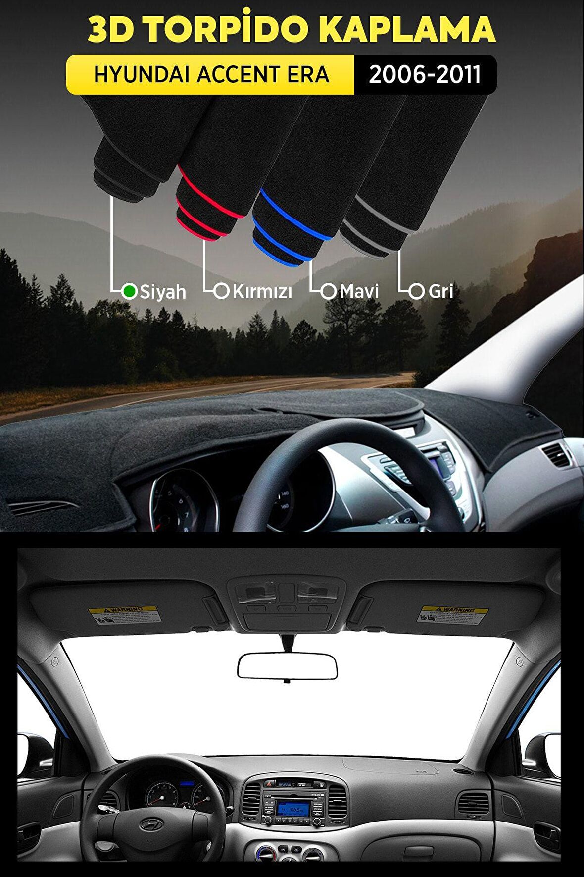 Hyundaı Accent Era (2006-2011) 3d Torpido Koruma Kılıfı - Ön Göğüs Panel Kaplama - Siyah Şerit