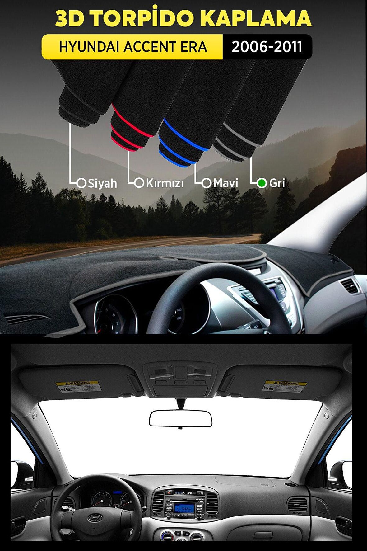 Hyundaı Accent Era (2006-2011) 3d Torpido Koruma Kılıfı - Ön Göğüs Panel Kaplama - Gri Şerit