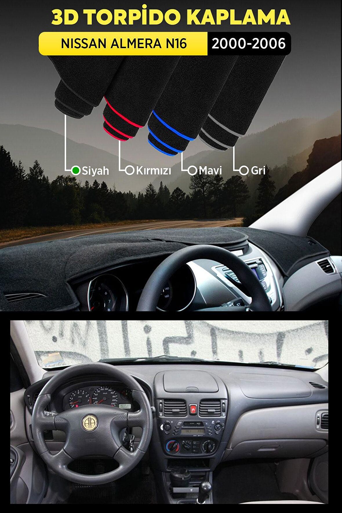 Nıssan Almera N16 (2000-2006) Uyumlu 3d Torpido Koruma Kılıfı - Ön Göğüs Kaplama - Siyah Şerit