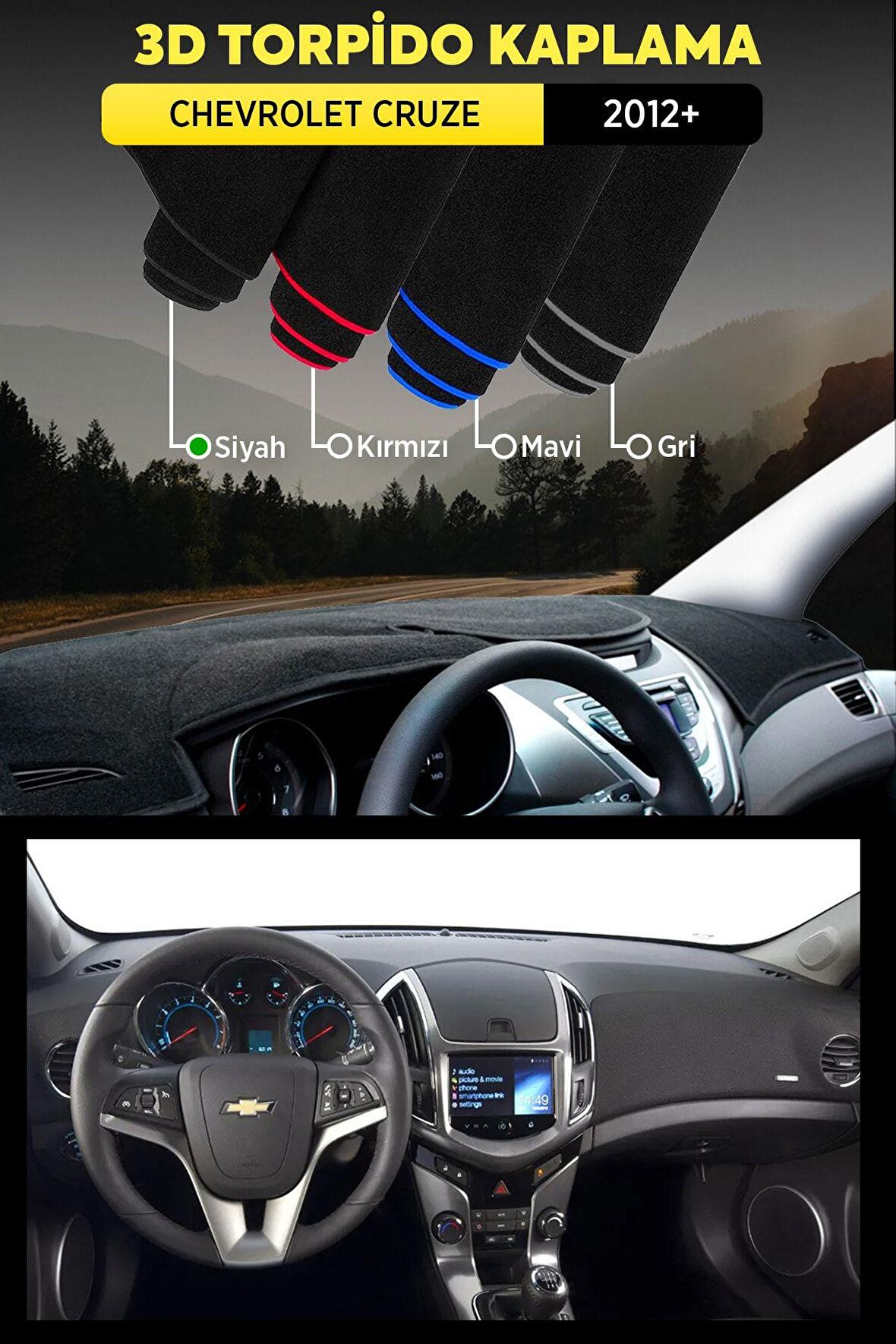 Chevrolet Cruze (2012+) 3d Torpido Koruma Kılıfı - Ön Göğüs Kaplama - Siyah Şerit