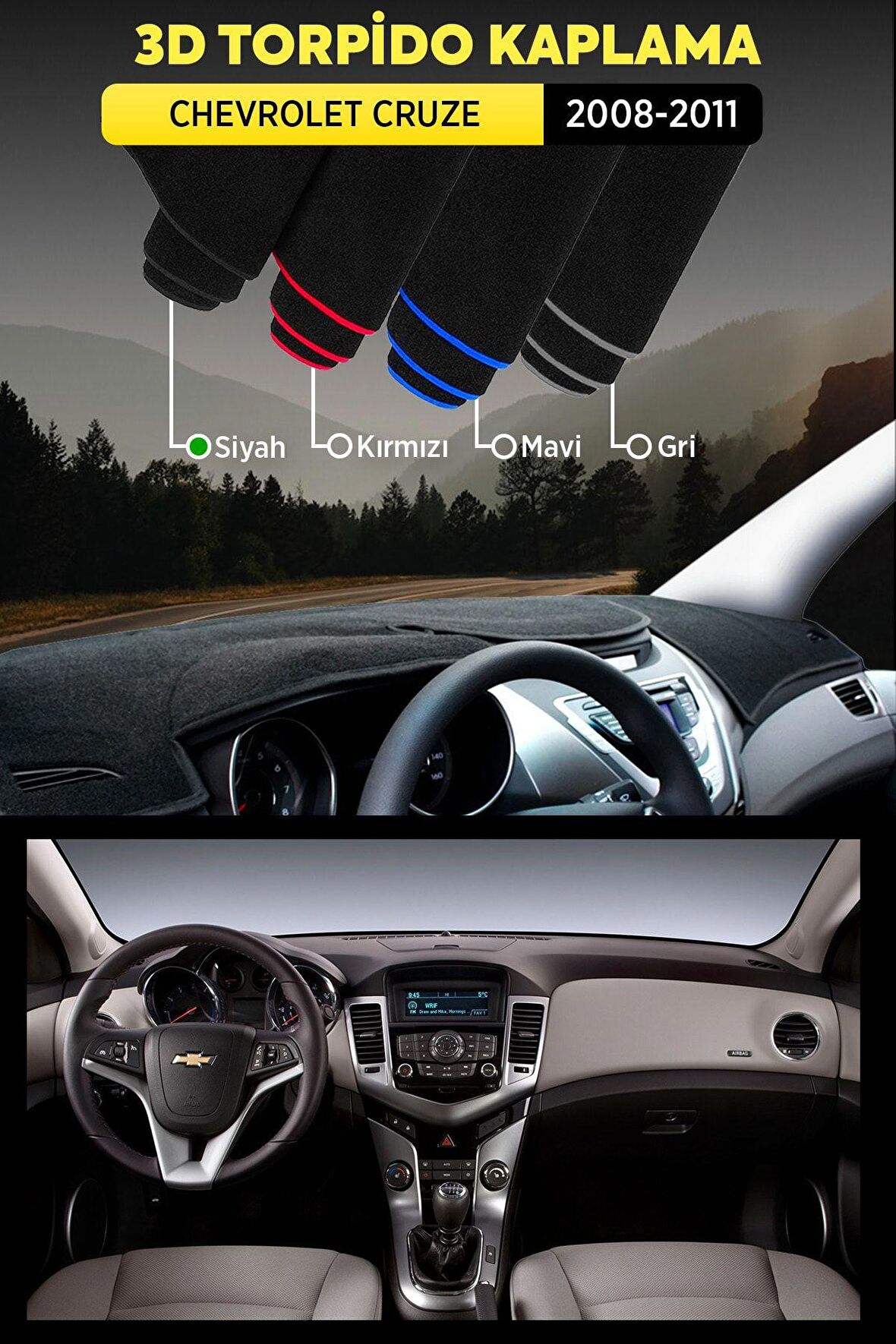 Chevrolet Cruze (2008-2011) 3d Torpido Koruma Kılıfı - Ön Göğüs Kaplama - Siyah Şerit