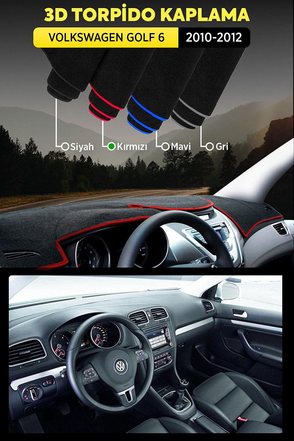 Volkswagen Golf 6 (2010-2012) 3d Torpido Koruma Kılıfı - Ön Göğüs Kaplama - Kırmızı Şerit