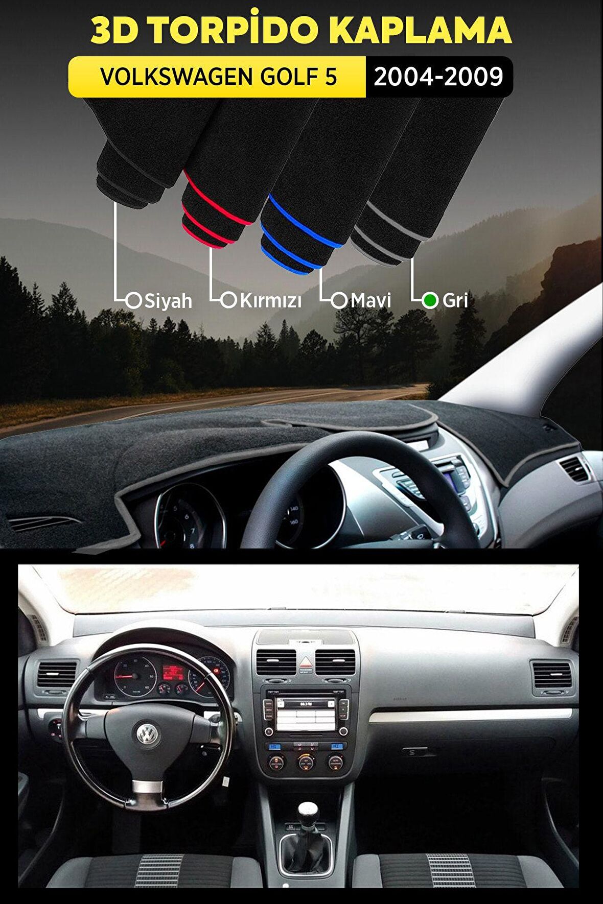 Volkswagen Golf 5 (2004-2009) 3d Torpido Koruma Kılıfı - Ön Göğüs Kaplama - Gri Şerit