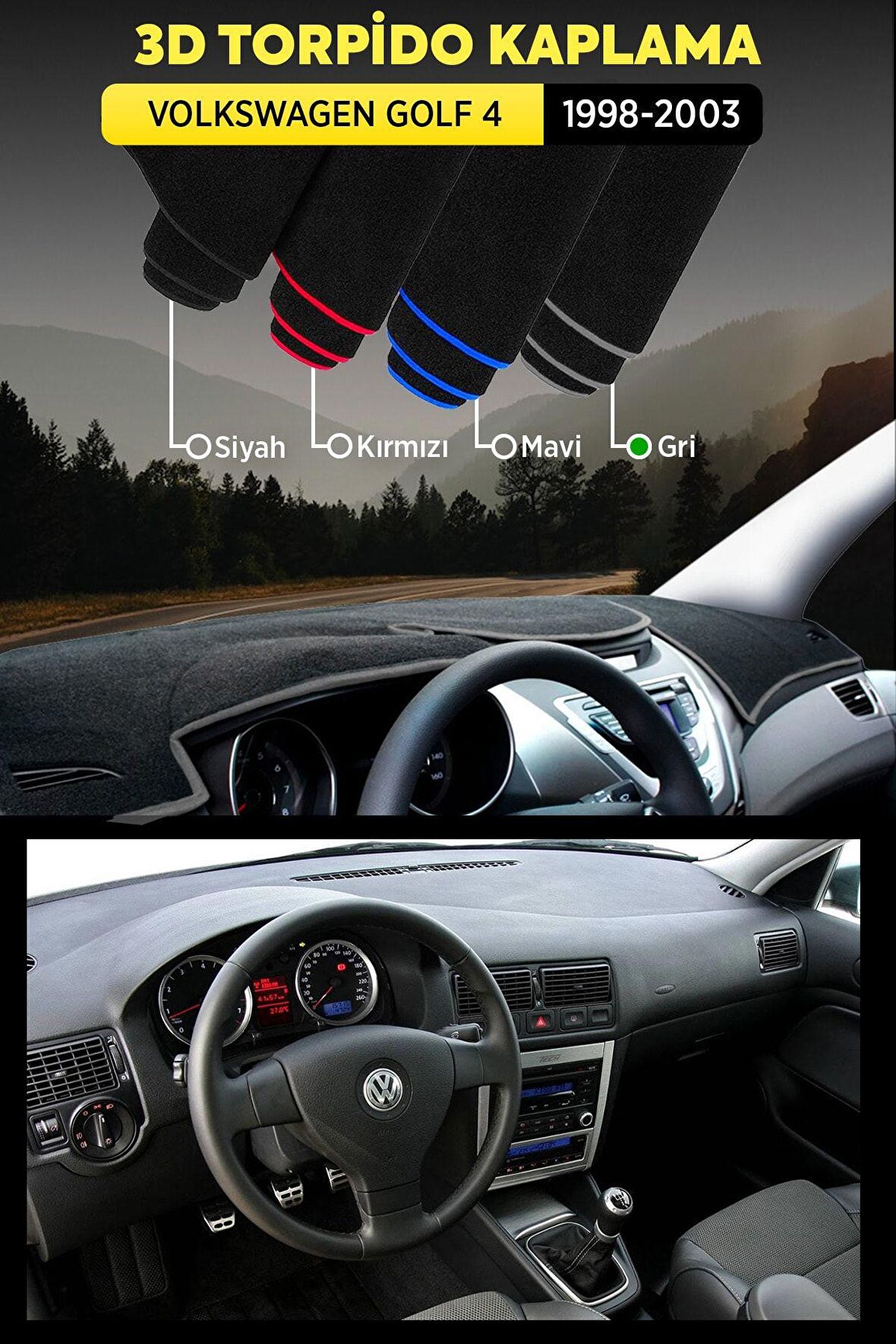 Volkswagen Golf 4 (1998-2003) 3d Torpido Koruma Kılıfı - Ön Göğüs Kaplama - Gri Şerit