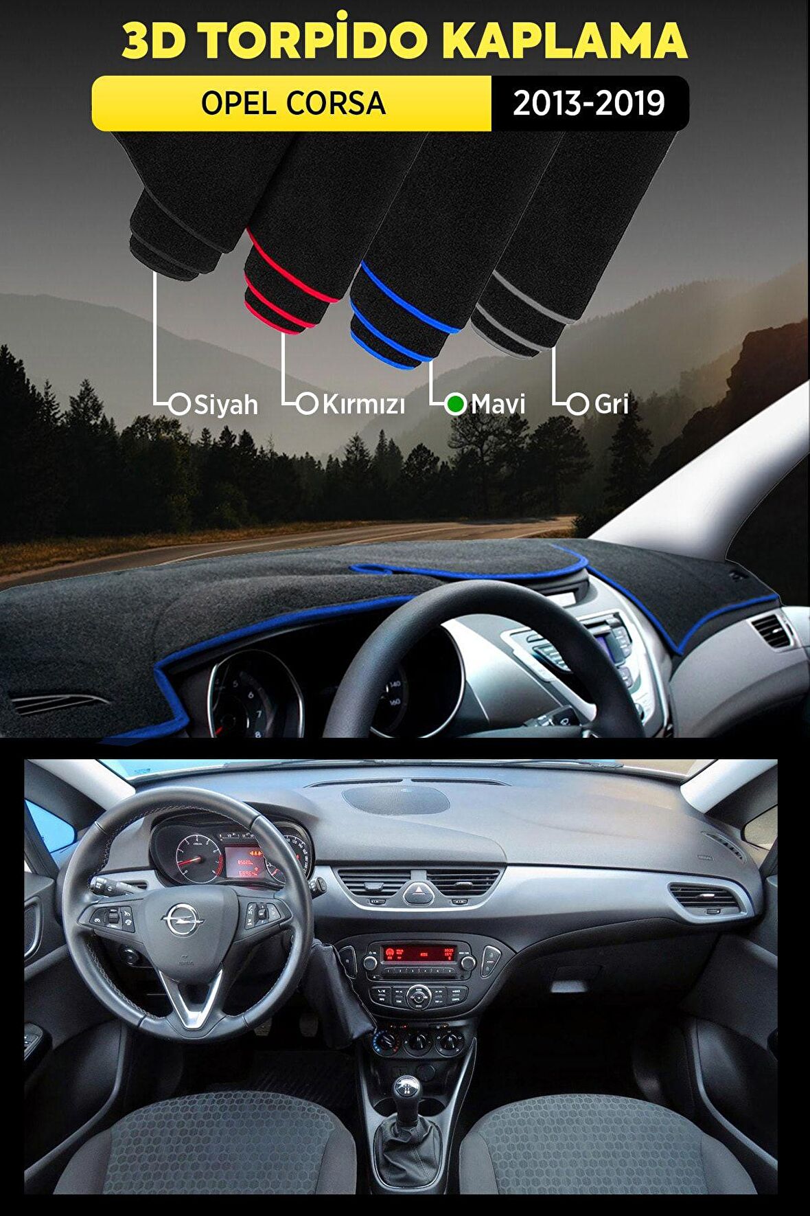 Opel Corsa 2013 - 2019 3d Torpido Koruma Kılıfı - Ön Göğüs Kaplama - Mavi Şerit