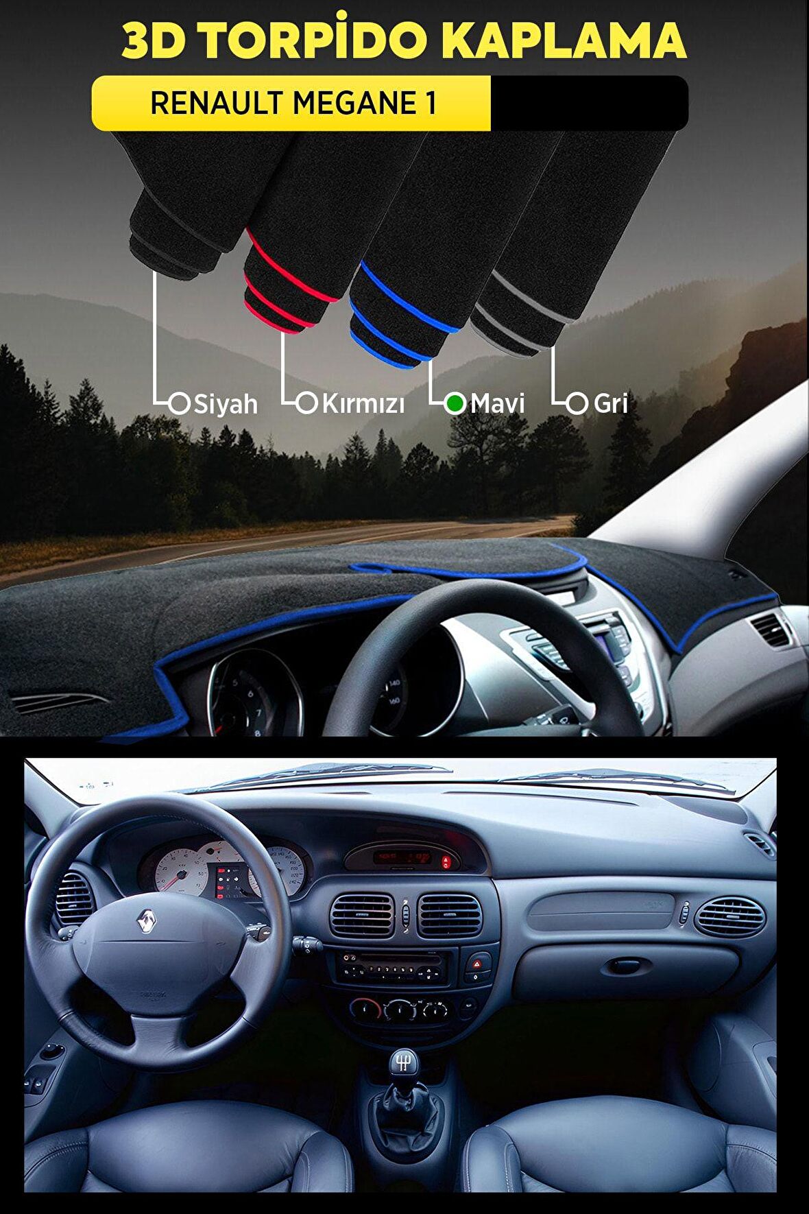 Renault Megane 1 3d Torpido Koruma Kılıfı - Ön Göğüs Kaplama - Mavi Şerit