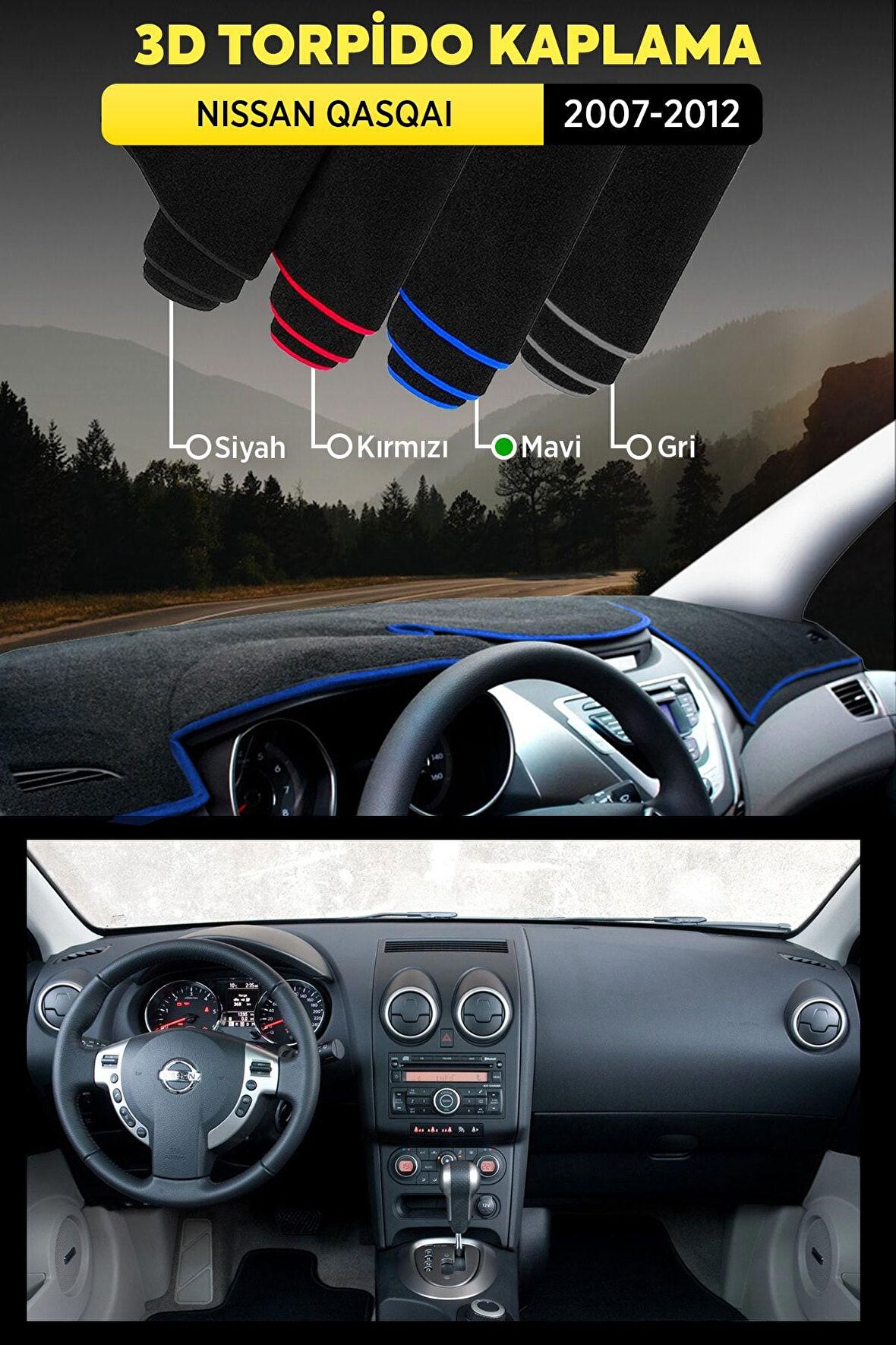 Nıssan Qasqaı (2007-2012) 3d Torpido Koruma Kılıfı - Ön Göğüs Kaplama - Mavi Şerit