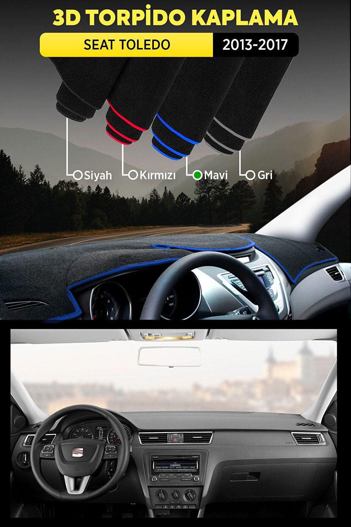 Seat Toledo (2013-2017) 3d Torpido Koruma Kılıfı - Ön Göğüs Kaplama - Mavi Şerit