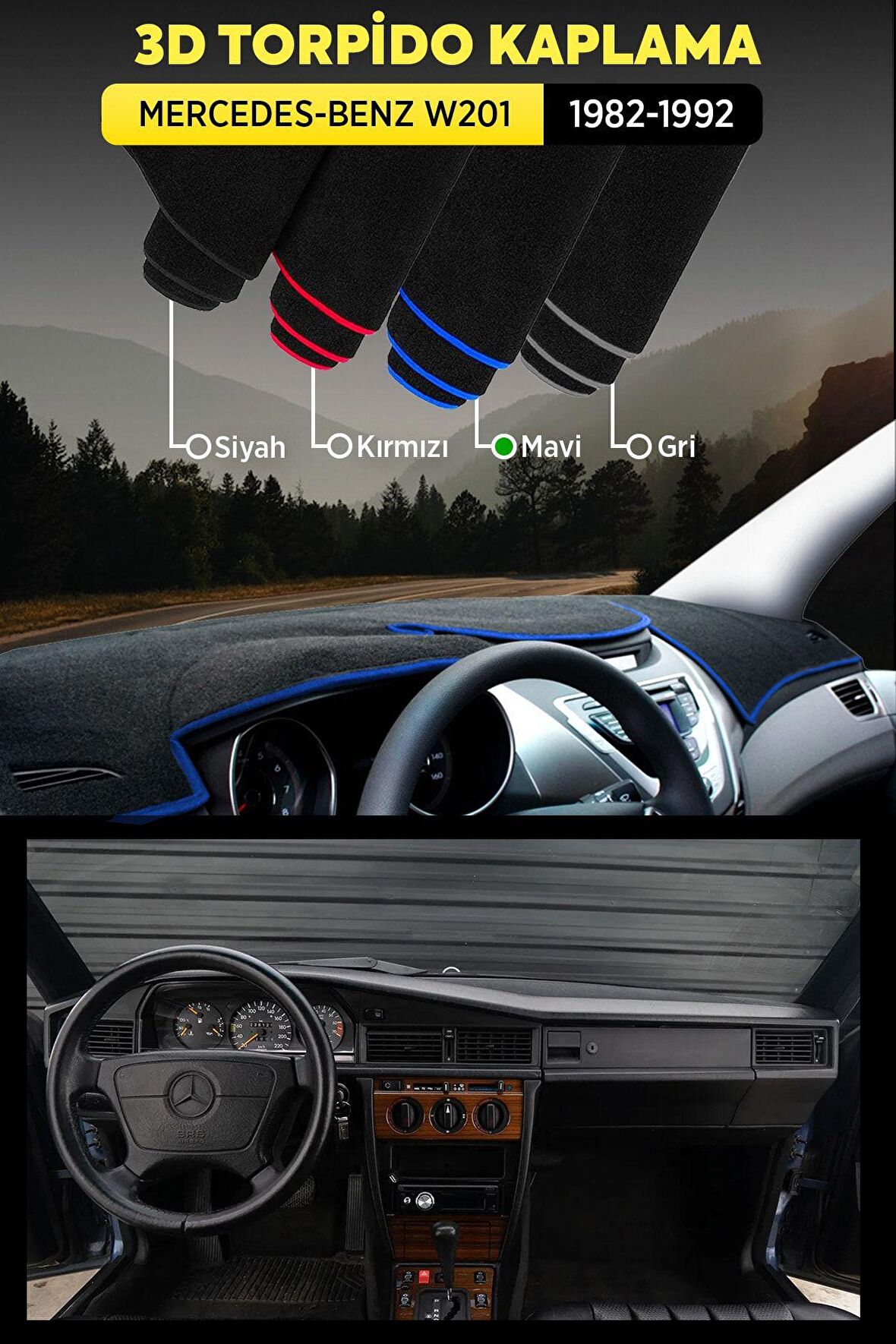 Mercedes - Benz W201 (1982-1992) 3d Torpido Koruma Kılıfı - Ön Göğüs Kaplama - Mavi Şerit