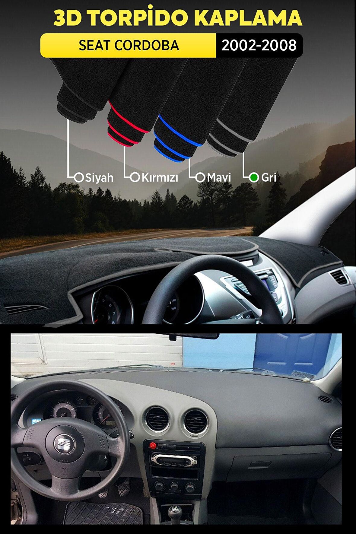 Seat Cordoba (2002-2008) 3d Torpido Koruma Kılıfı - Ön Göğüs Kaplama - Gri Şerit