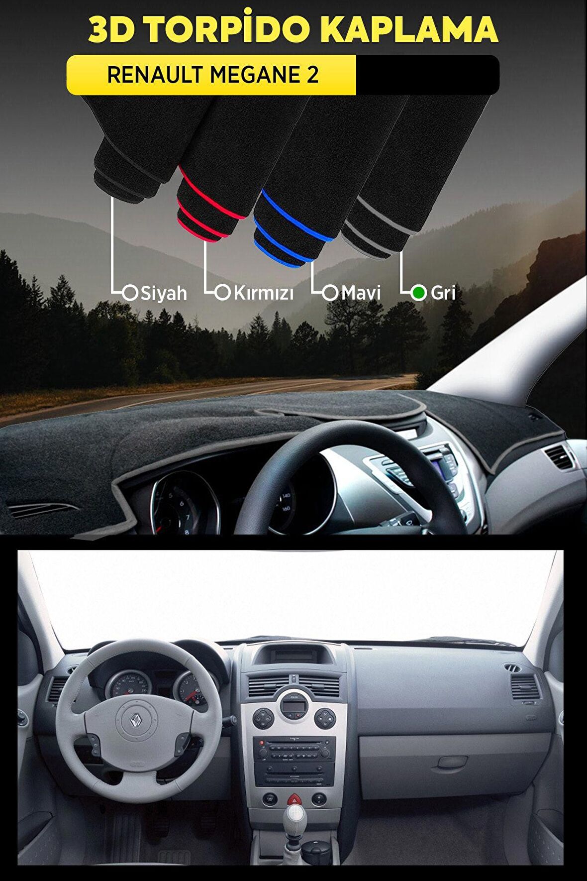 Renault Megane 2 3d Torpido Koruma Kılıfı - Ön Göğüs Kaplama - Gri Şerit