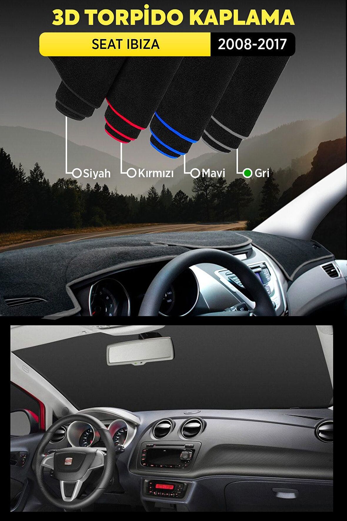 Seat Ibıza (2008-2017) 3d Torpido Koruma Kılıfı - Ön Göğüs Kaplama - Gri Şerit