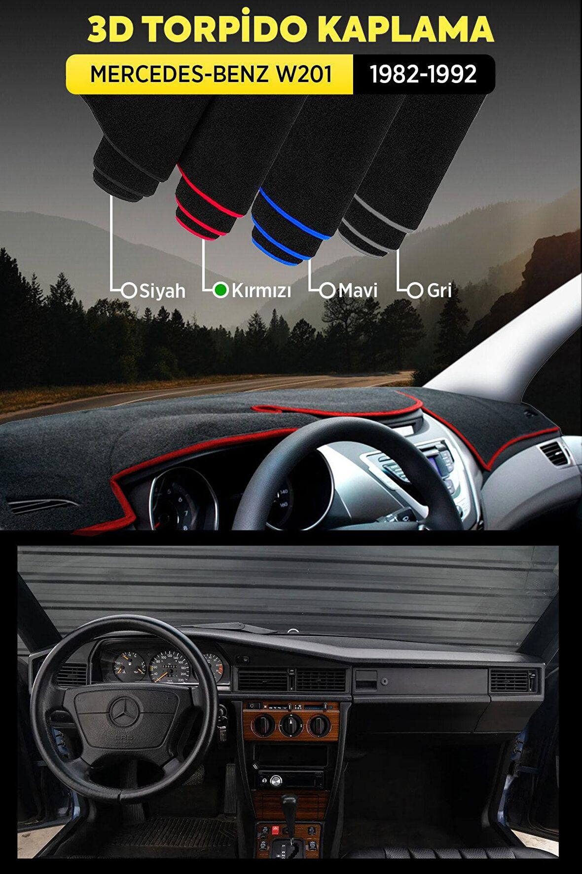 Mercedes - Benz W201 (1982-1992) 3d Torpido Koruma Kılıfı - Ön Göğüs Kaplama - Kırmızı Şerit