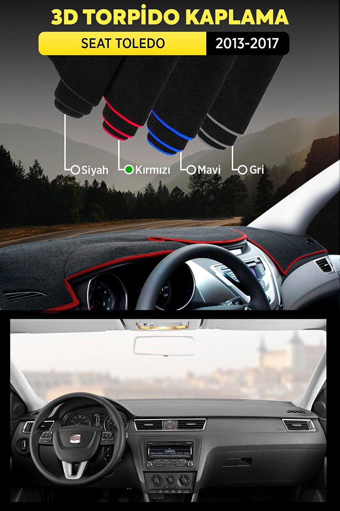 Seat Toledo (2013-2017) 3d Torpido Koruma Kılıfı - Ön Göğüs Kaplama - Kırmızı Şerit