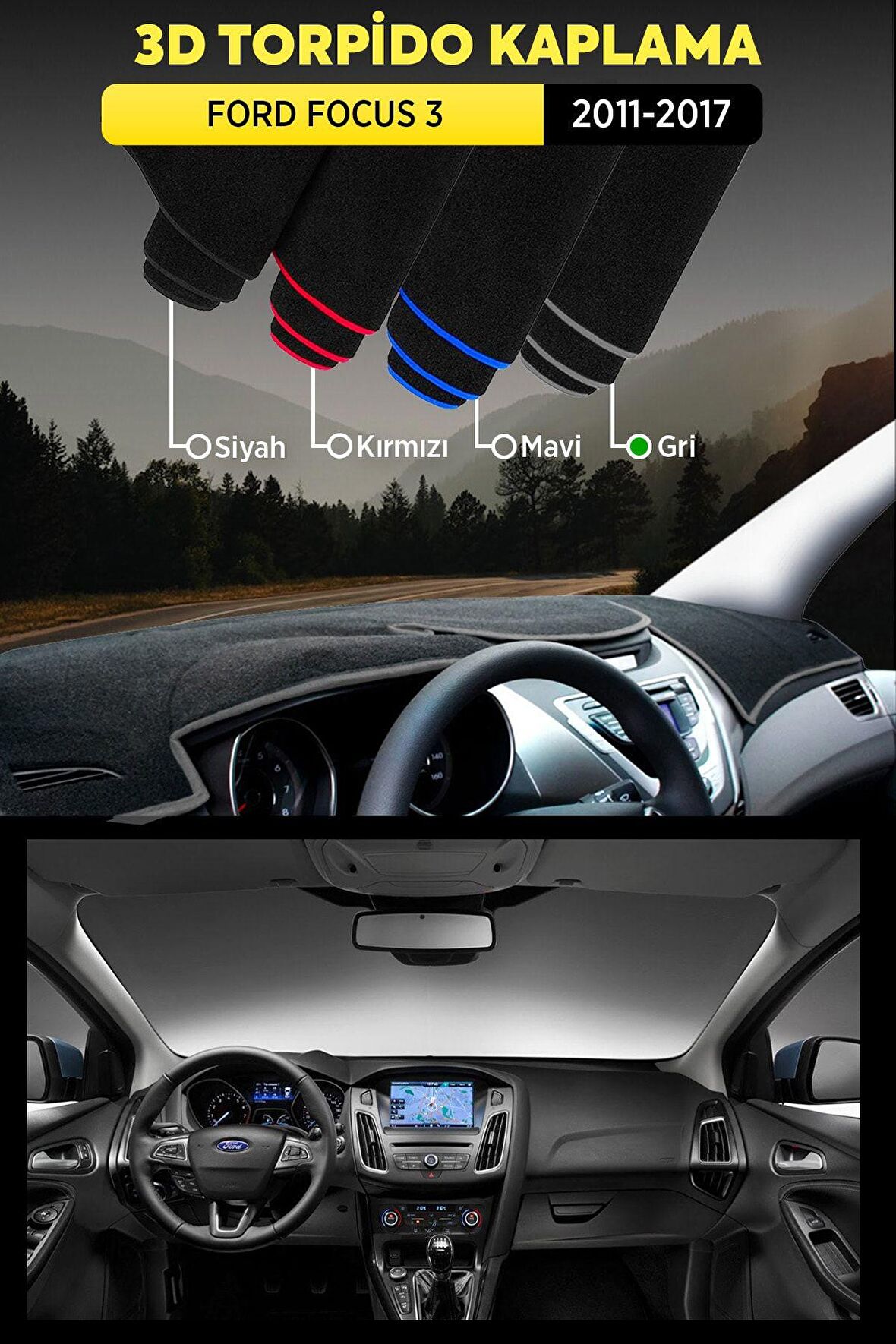 Ford Focus 3 (2011-2017) 3d Torpido Kılıfı Panel Koruyucu Göğüs Kaplama - Gri Şerit