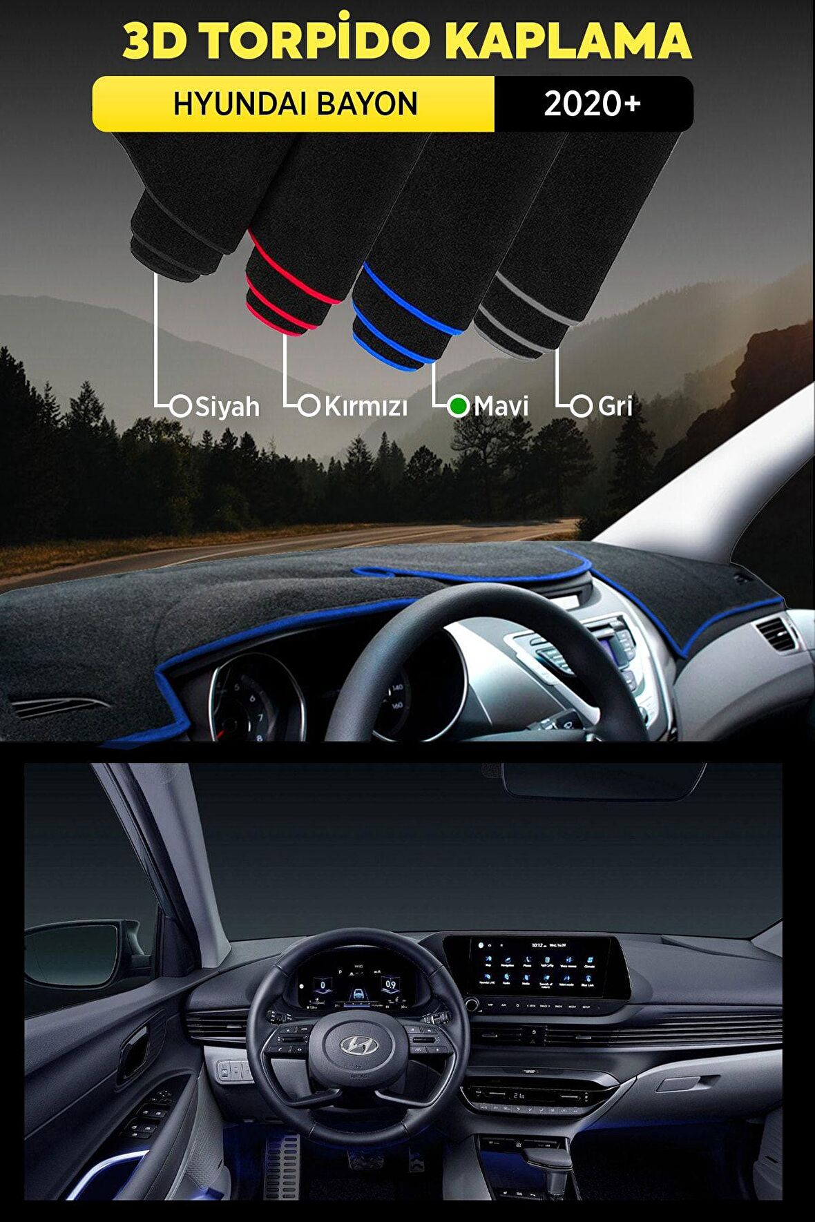 Hyundaı Bayon (2020+) 3d Torpido Koruma Kılıfı - Ön Göğüs Panel Kaplama - Mavi Şerit