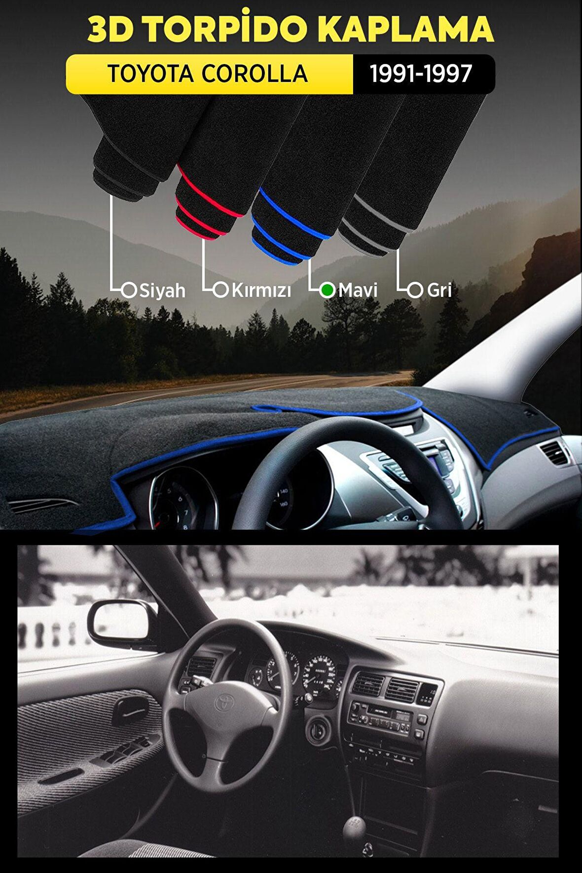 Toyota Corolla (1991-1997) 3d Torpido Kılıfı Panel Koruyucu Göğüs Kaplama - Mavi Şerit