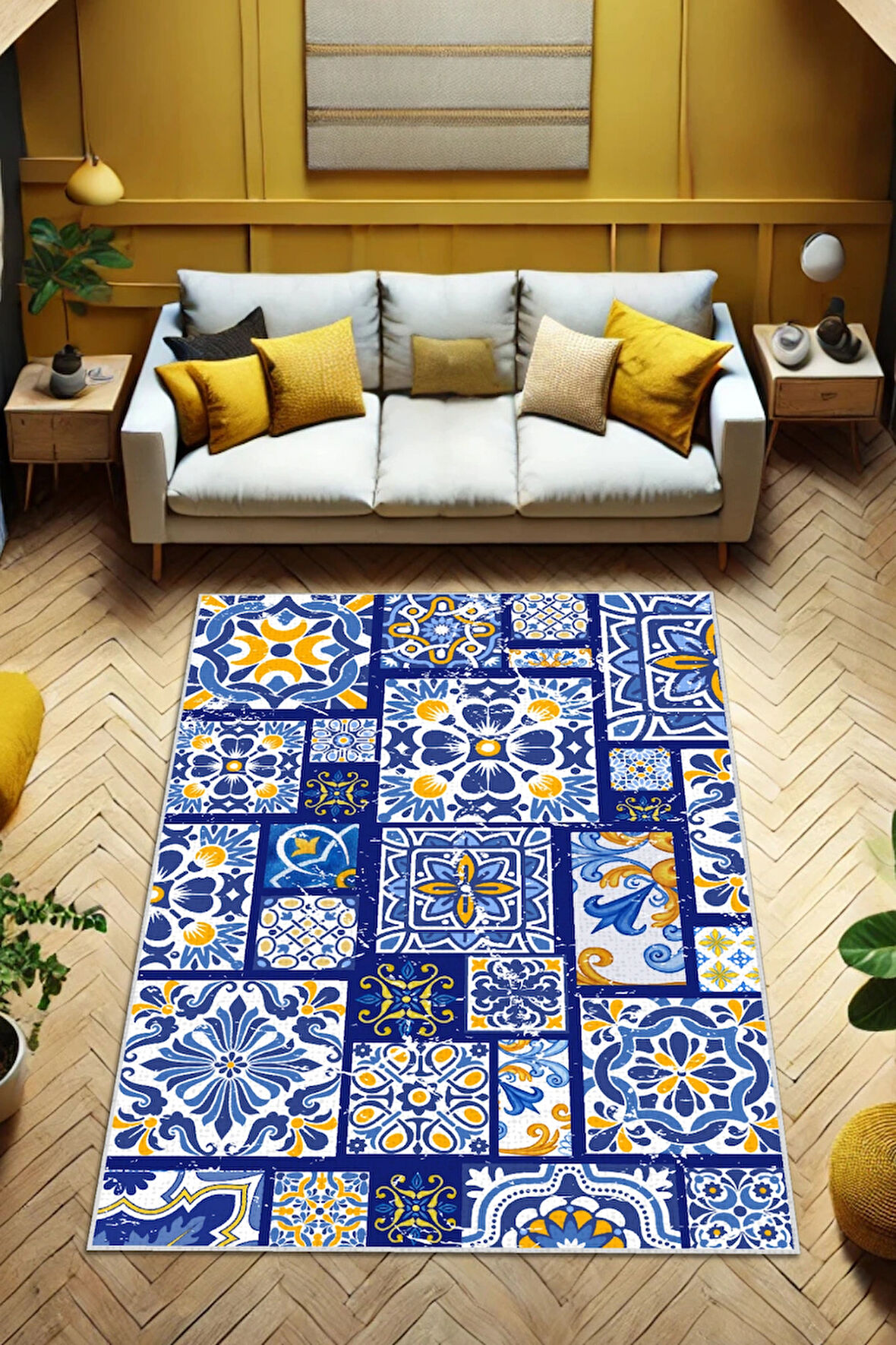 Mavi Patchwork Seramik Desenli Pamuk Dokuma Kaymaz Tabanlı Dijital Baskılı Yıkanabilir Çini Desenli Mavi Salon Halısı